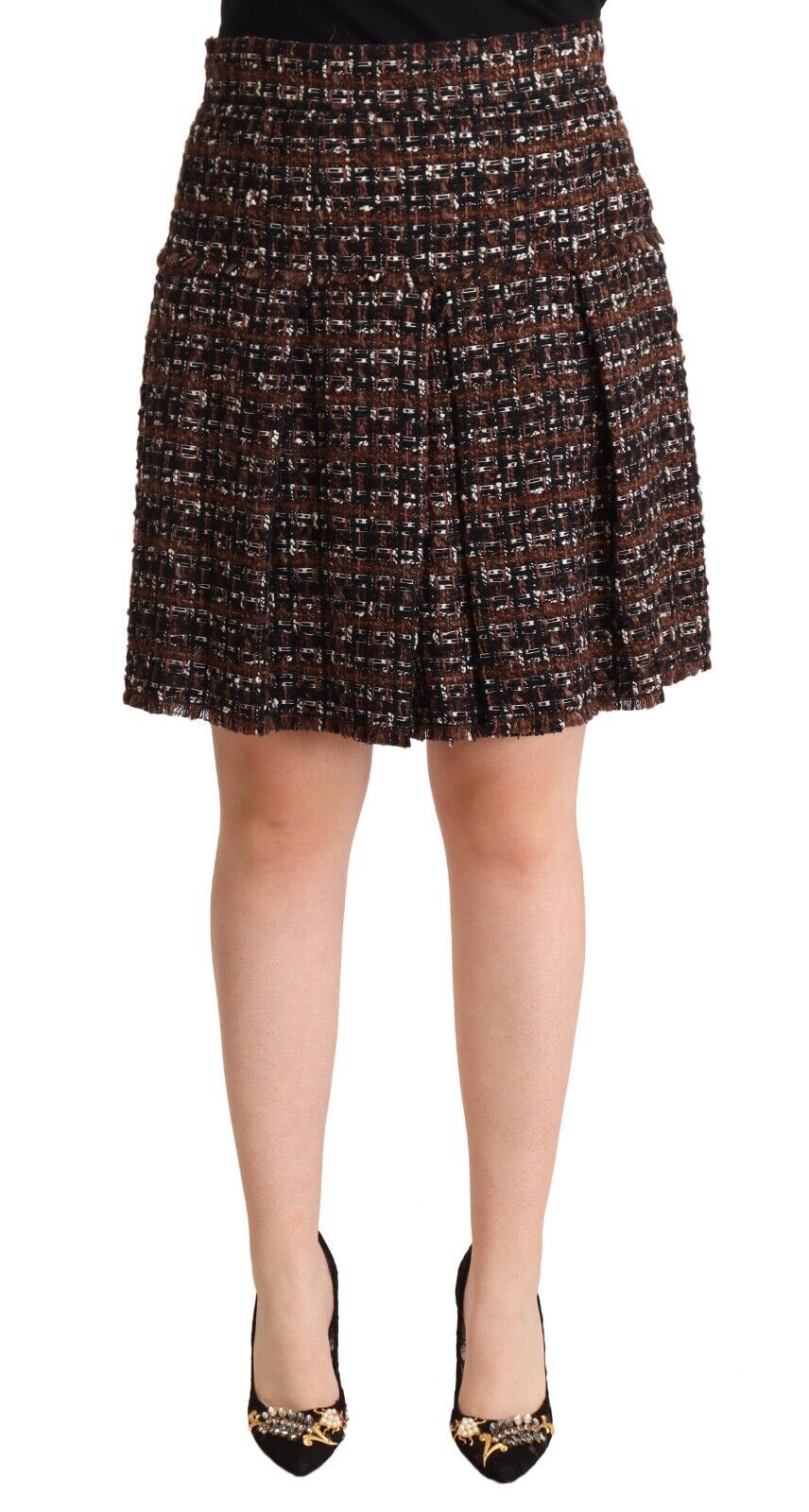 Tweed A-Line Pleated Skirt — Brown