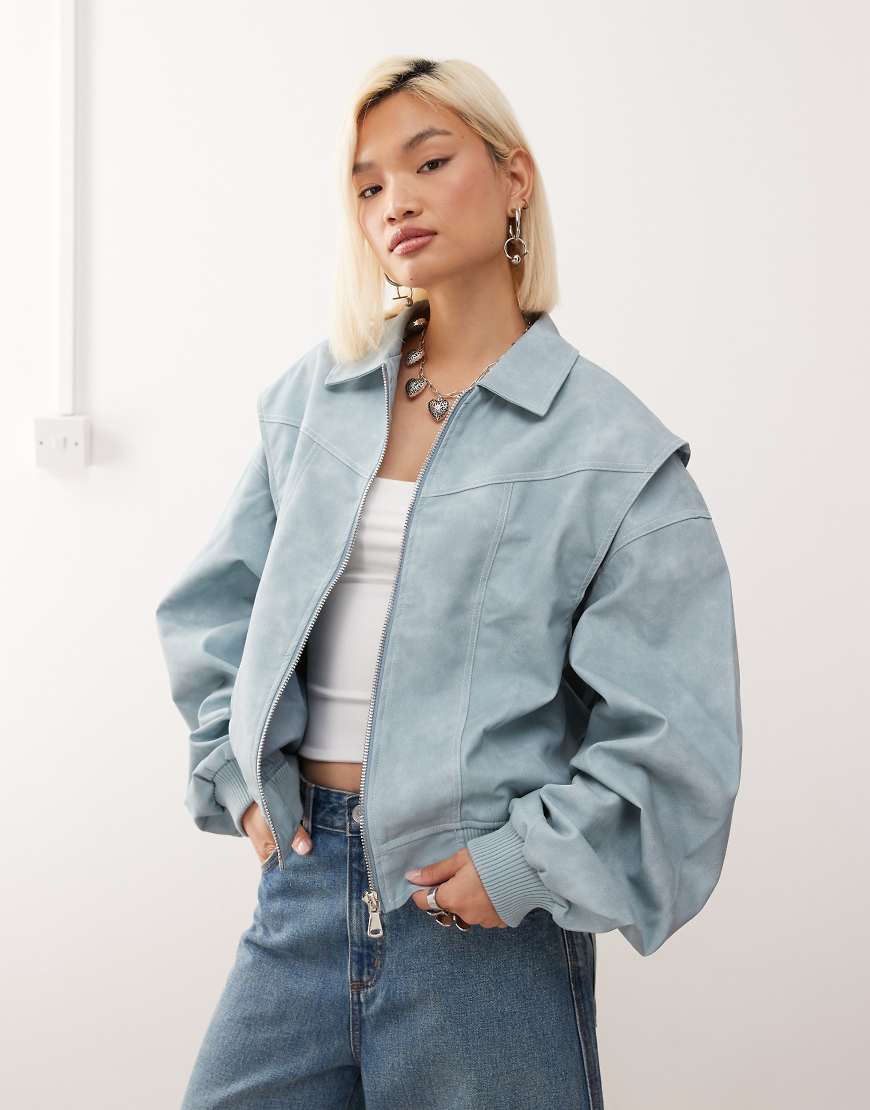 Vista Exclusive leather look contrast stitch bomber jacket in baby blue