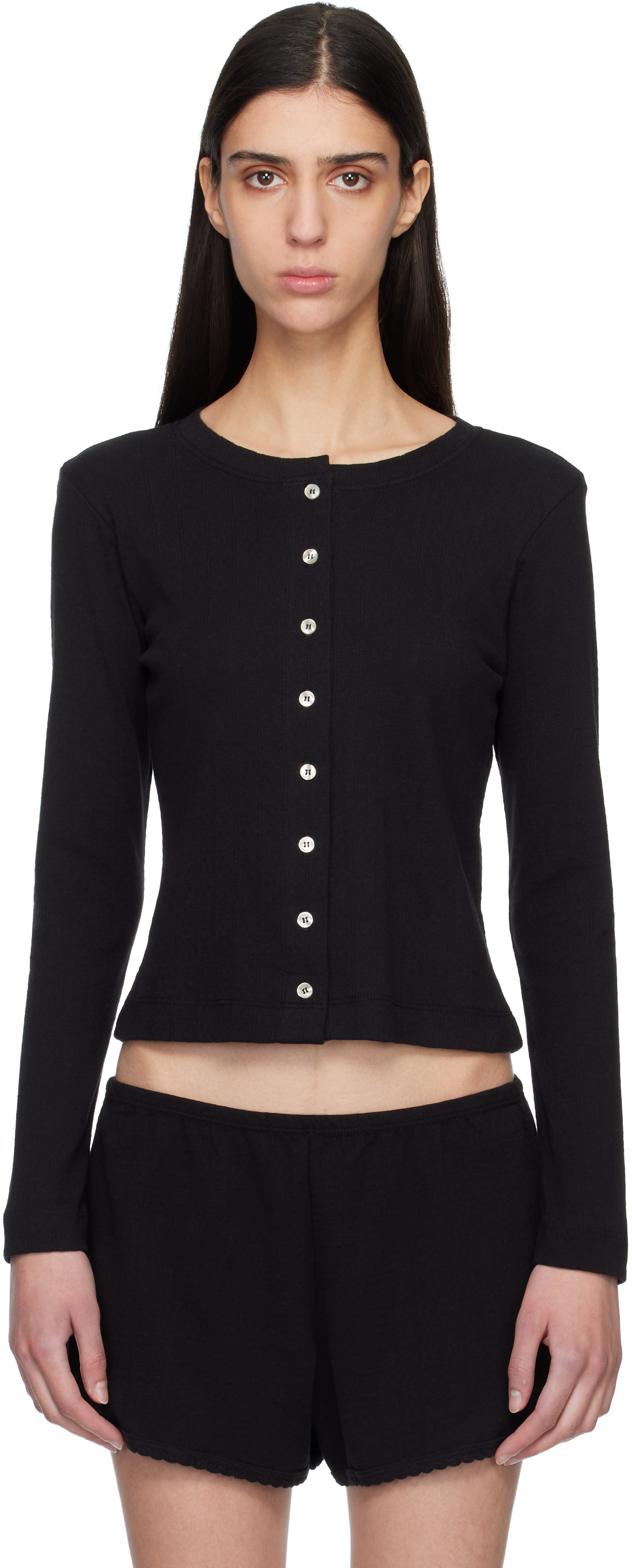 Black Pointelle Classic Crew Cardigan
