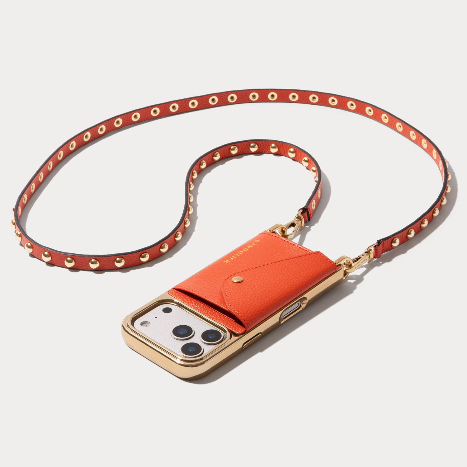 Annie Chrome Pebble Leather Crossbody Bandolier in Orange/Gold | 17 / iPhone Pro |