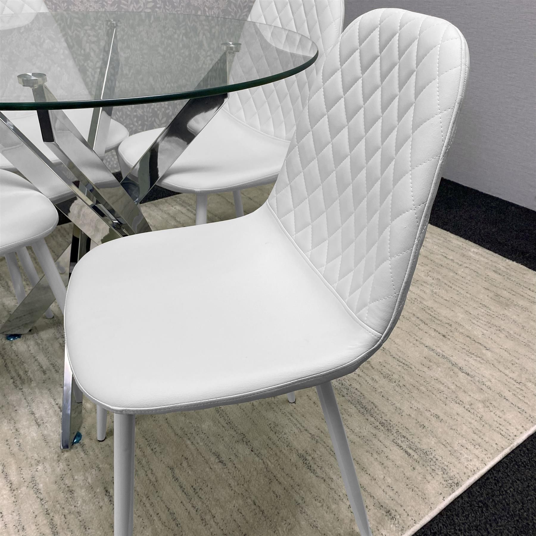 KOSY KOALA Round Glass Dining Table Set With 4 White Gem Pattern Chair
