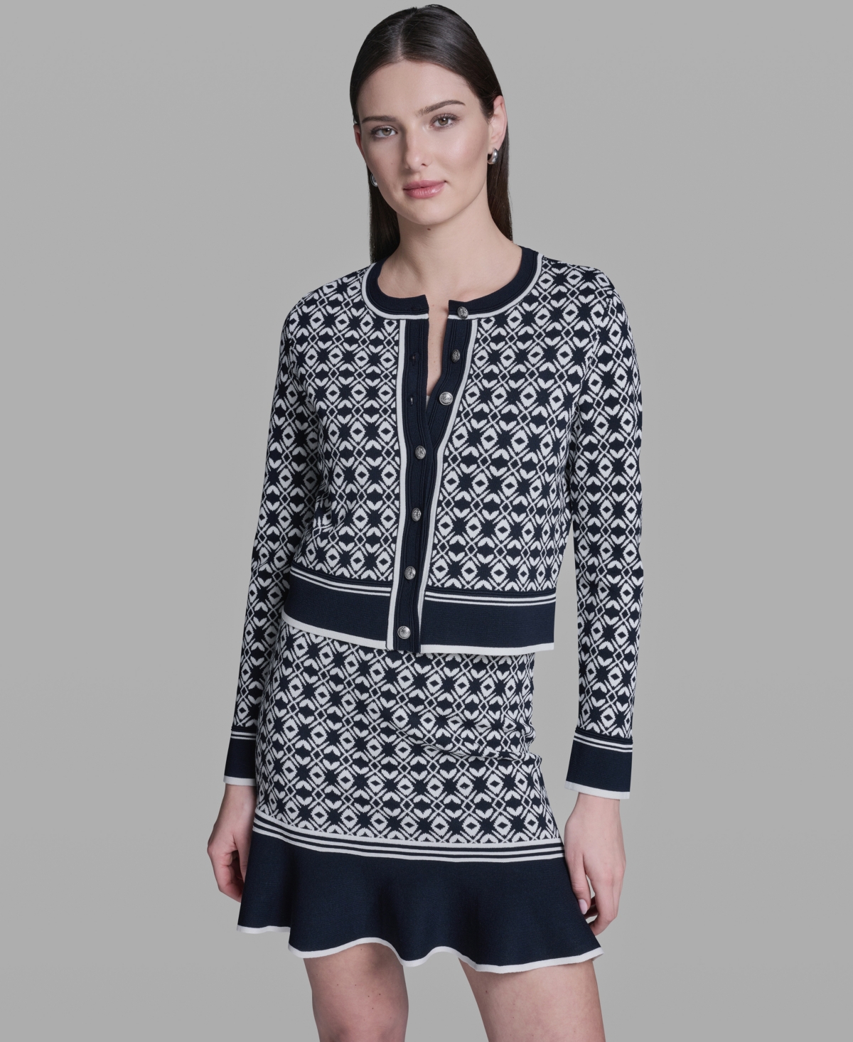 Women's Printed Crewneck Sweater Jacket - Deep Sea/Whisper White