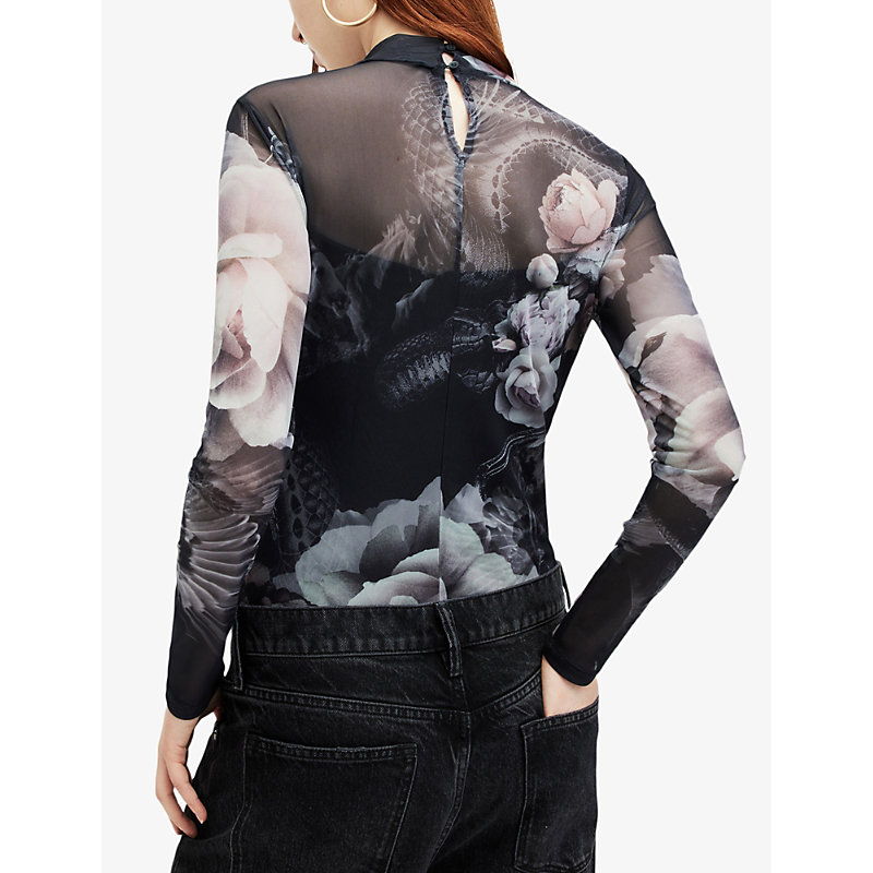 Womens Black Mono Elia Valley Graphic-print Long-sleeve Mesh Bodysuit