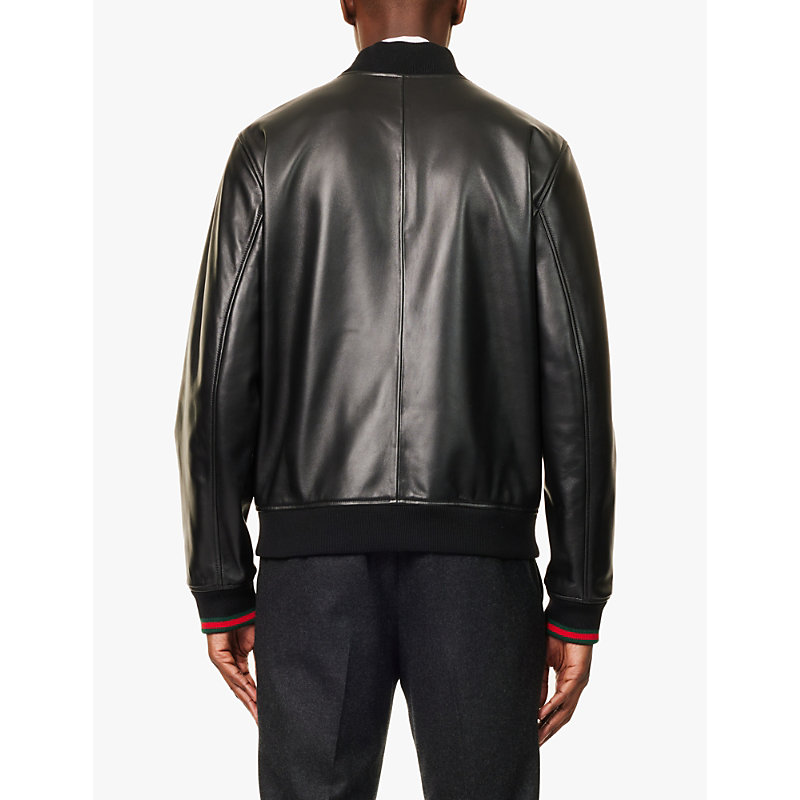 Mens Black Green Red Brand-embroidery Two-zip-pockets Regular-fit Leather Jacket