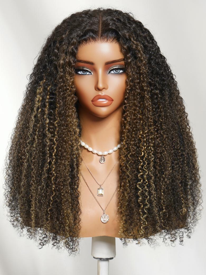 UNice 7x5 Bye Bye Slip™ Lace Black with Blonde and Caramel Highlights Full Curly Wig with Defined Curls For Beginner