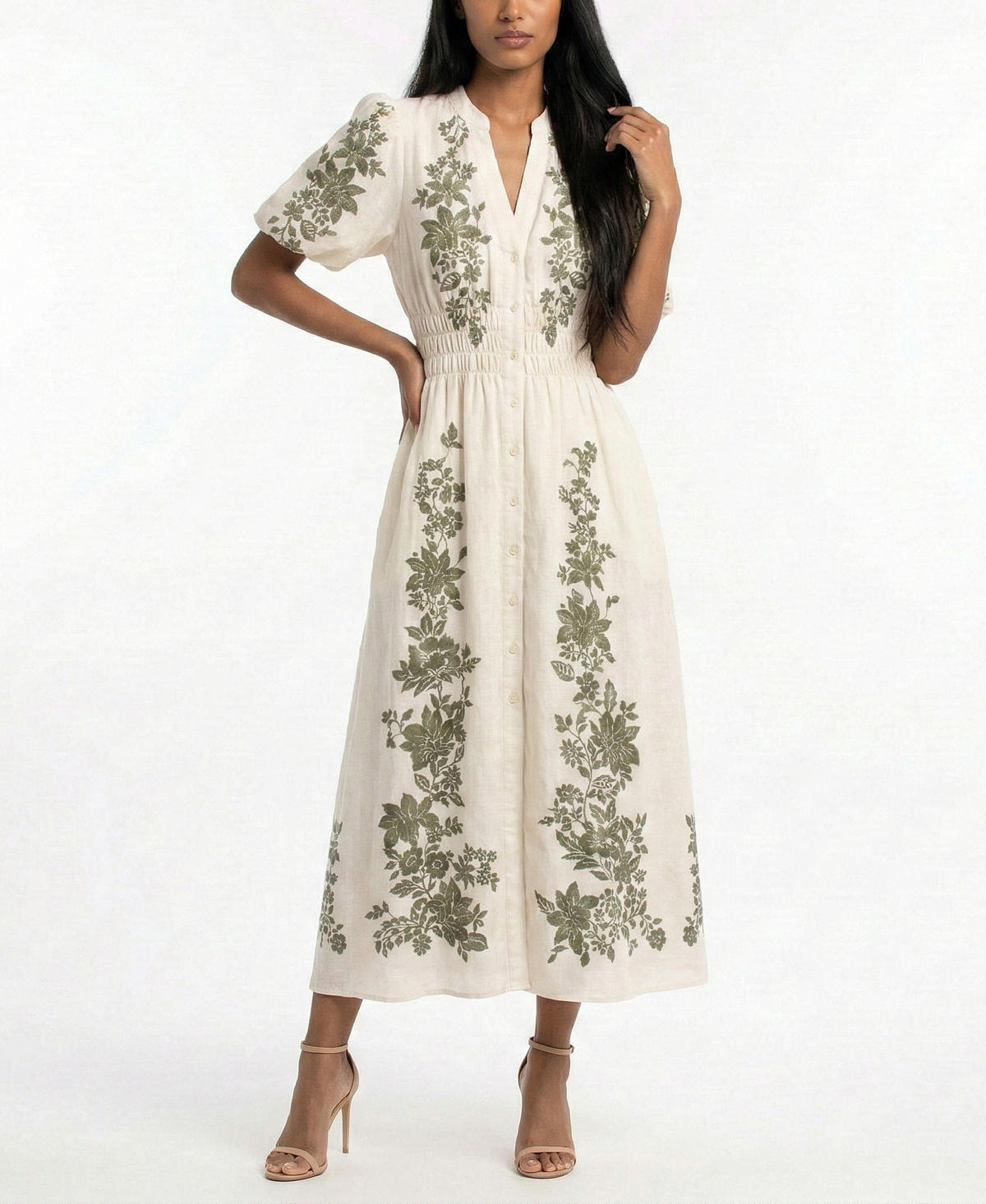 Petite V-Neck Shirt Dress - Cream Asparagus