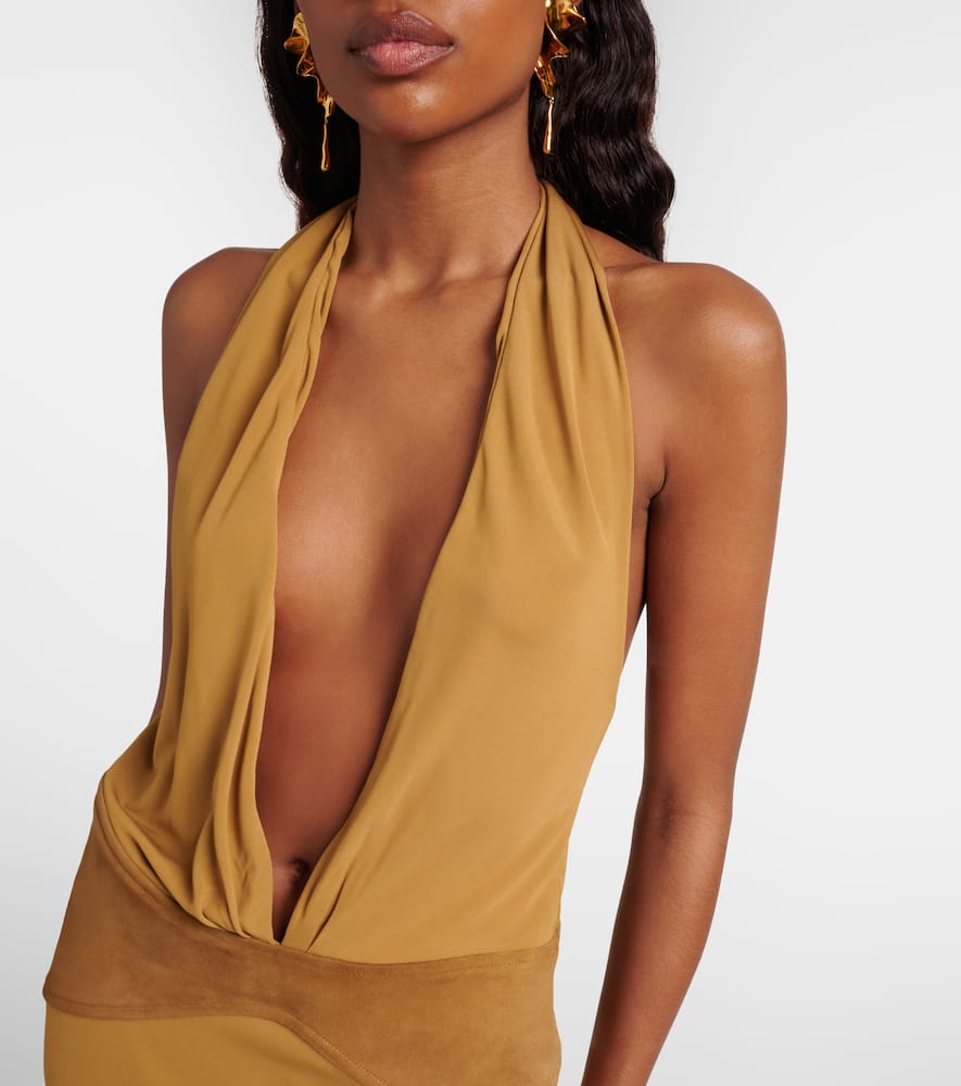 Suede-trimmed jersey gown