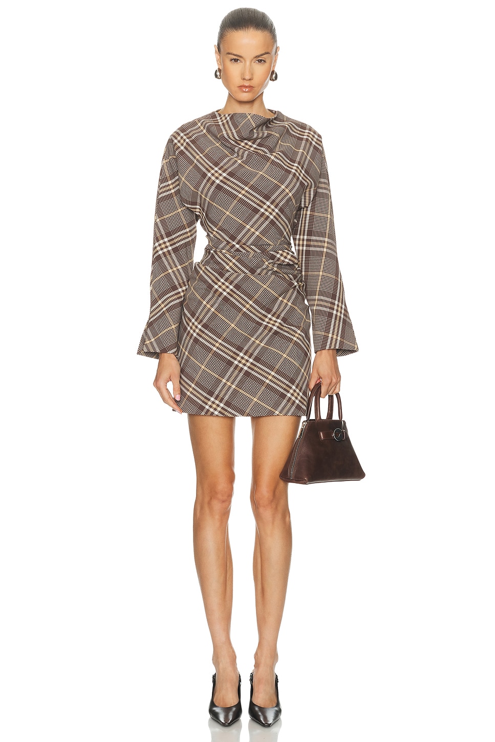 SIMKHAI Harpor Longsleeve Mini Dress in Chocolate Plaid - Chocolate. 4 also in
