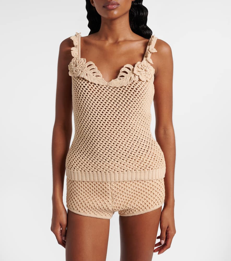 Crochet floral-appliqué cotton-blend top