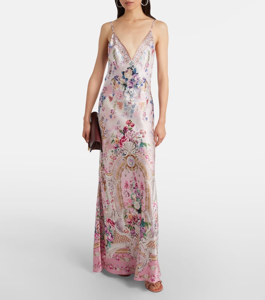 Embellished floral silk satin maxi dress