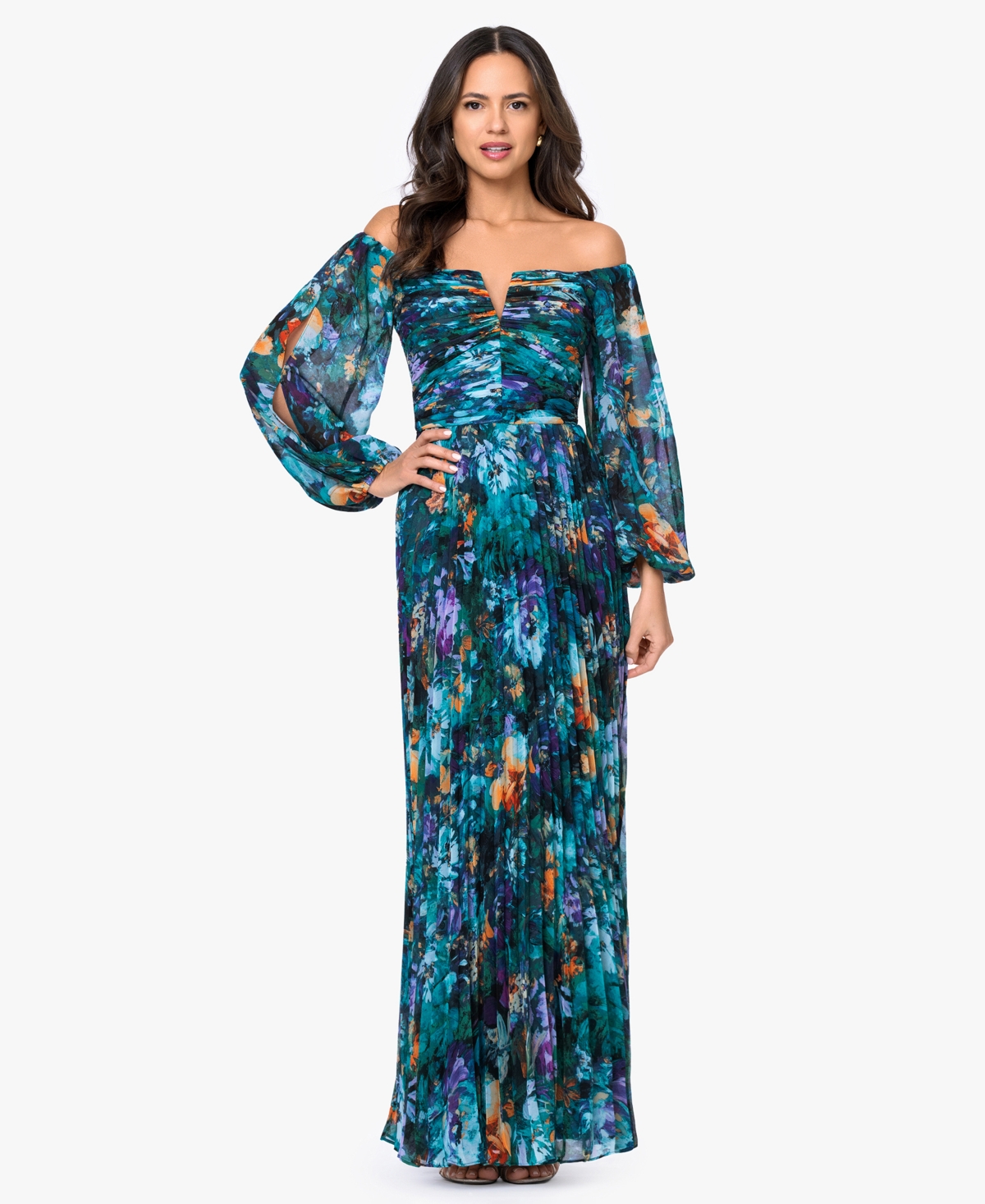 Women's Off-The-Shoulder Long-Sleeve Gown - Tur/Multi