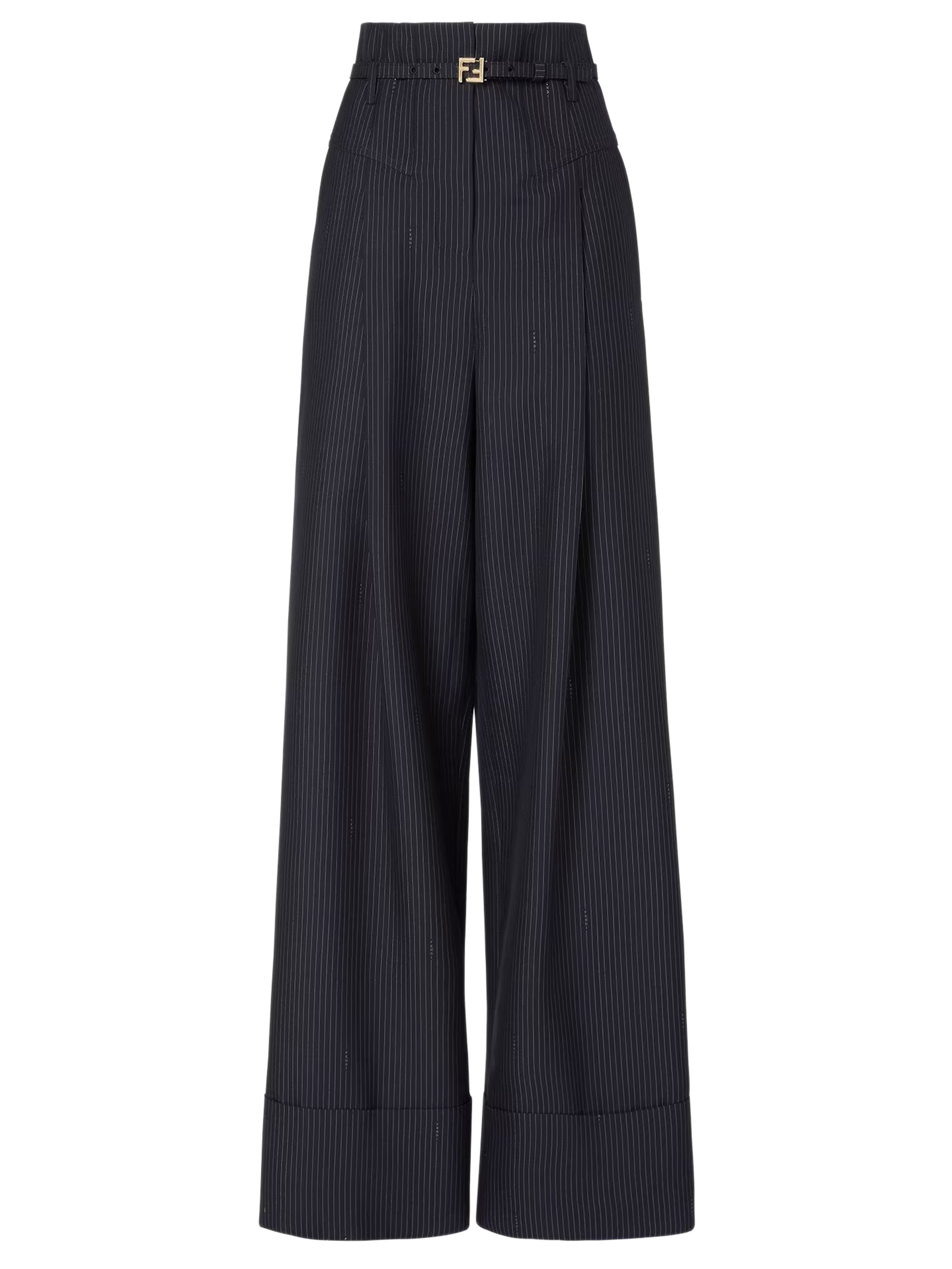 High-Waisted Wool Pinstripe Trousers with Peplum Detail, Belt and Front Pleats