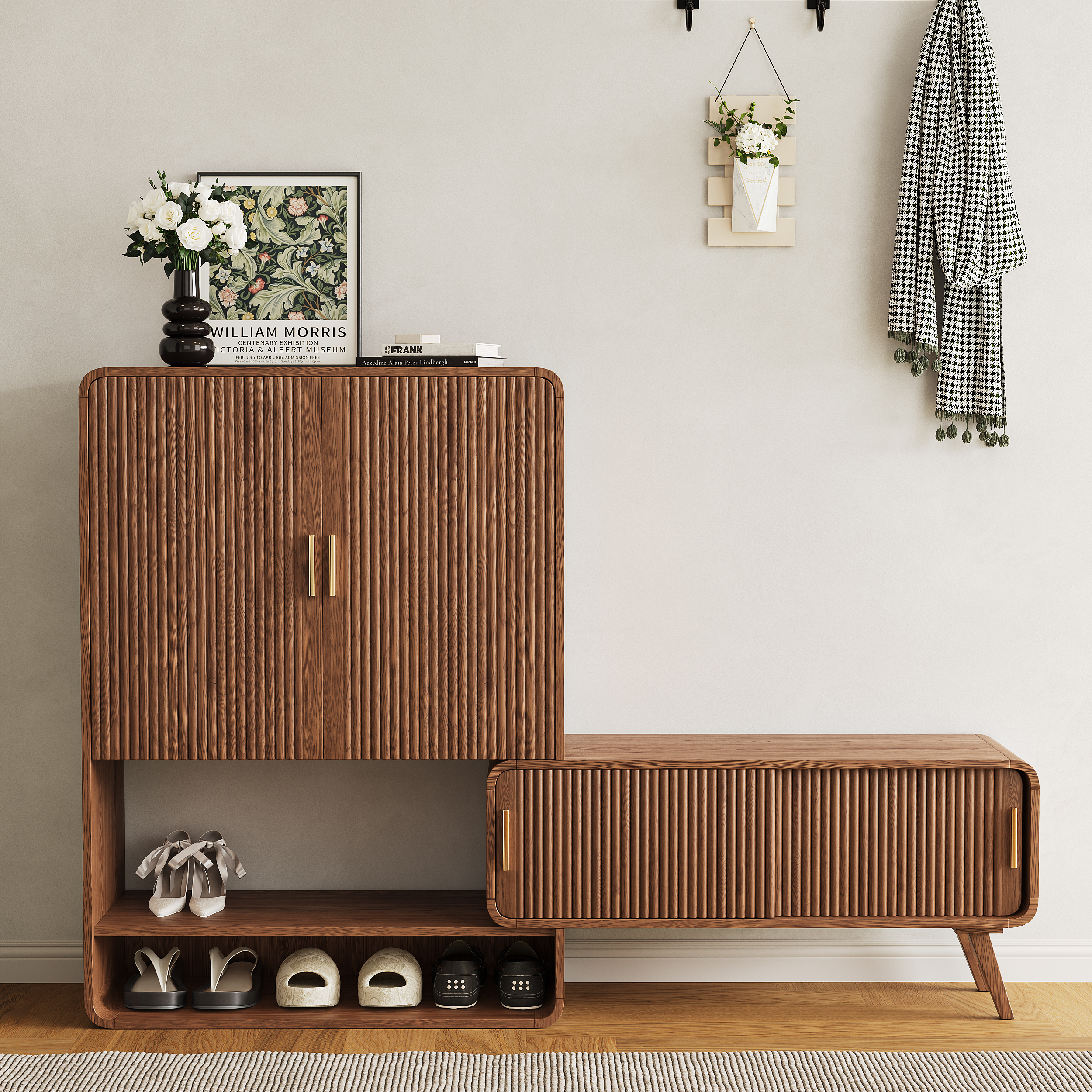 Ash Wood Shoe Rack for Entryway in Walnut Shoe Storage Cabinet for Closet 37" Wide