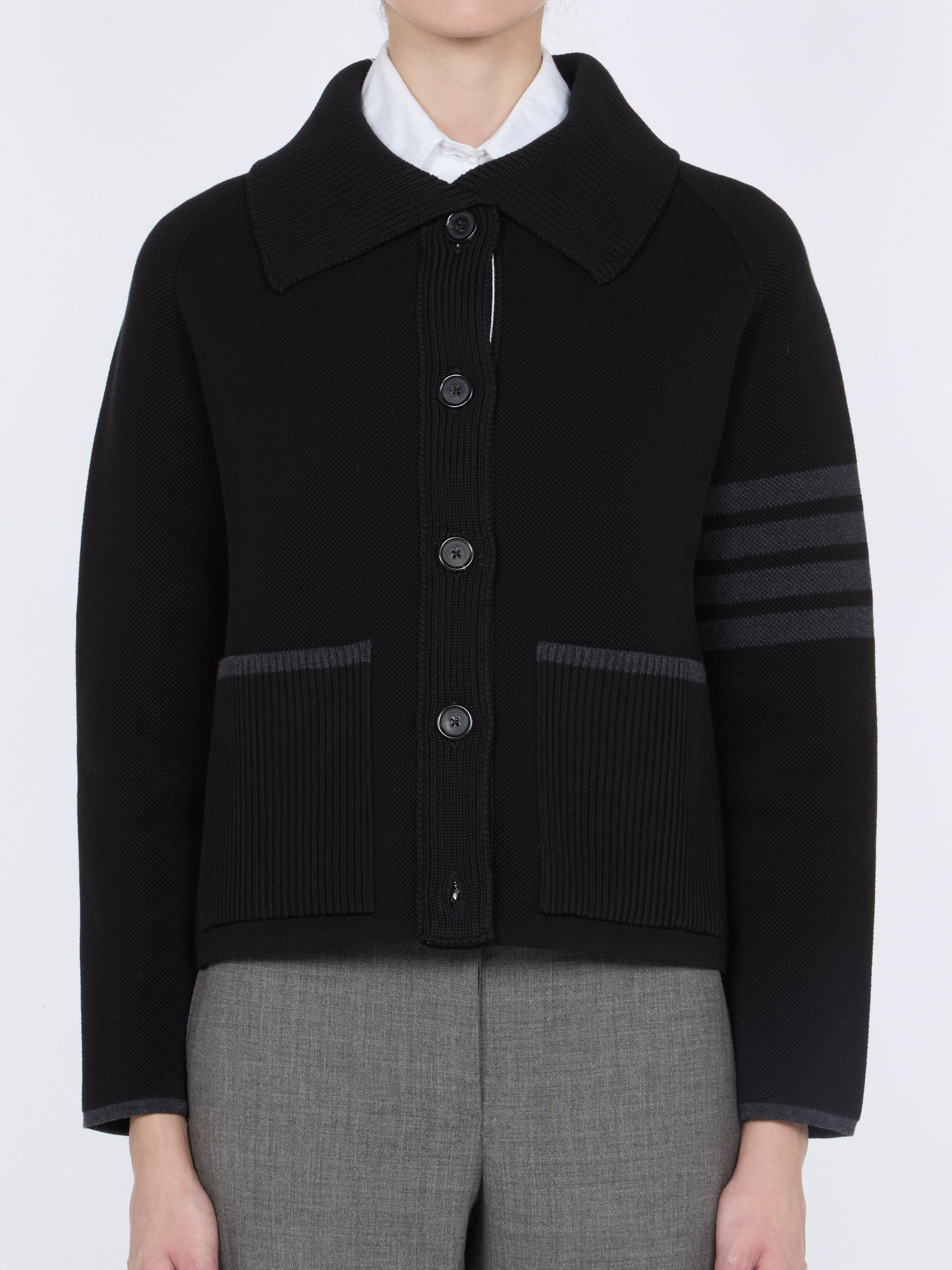4-Bar Striped Double-Knit Cotton Wool Jacket — Black