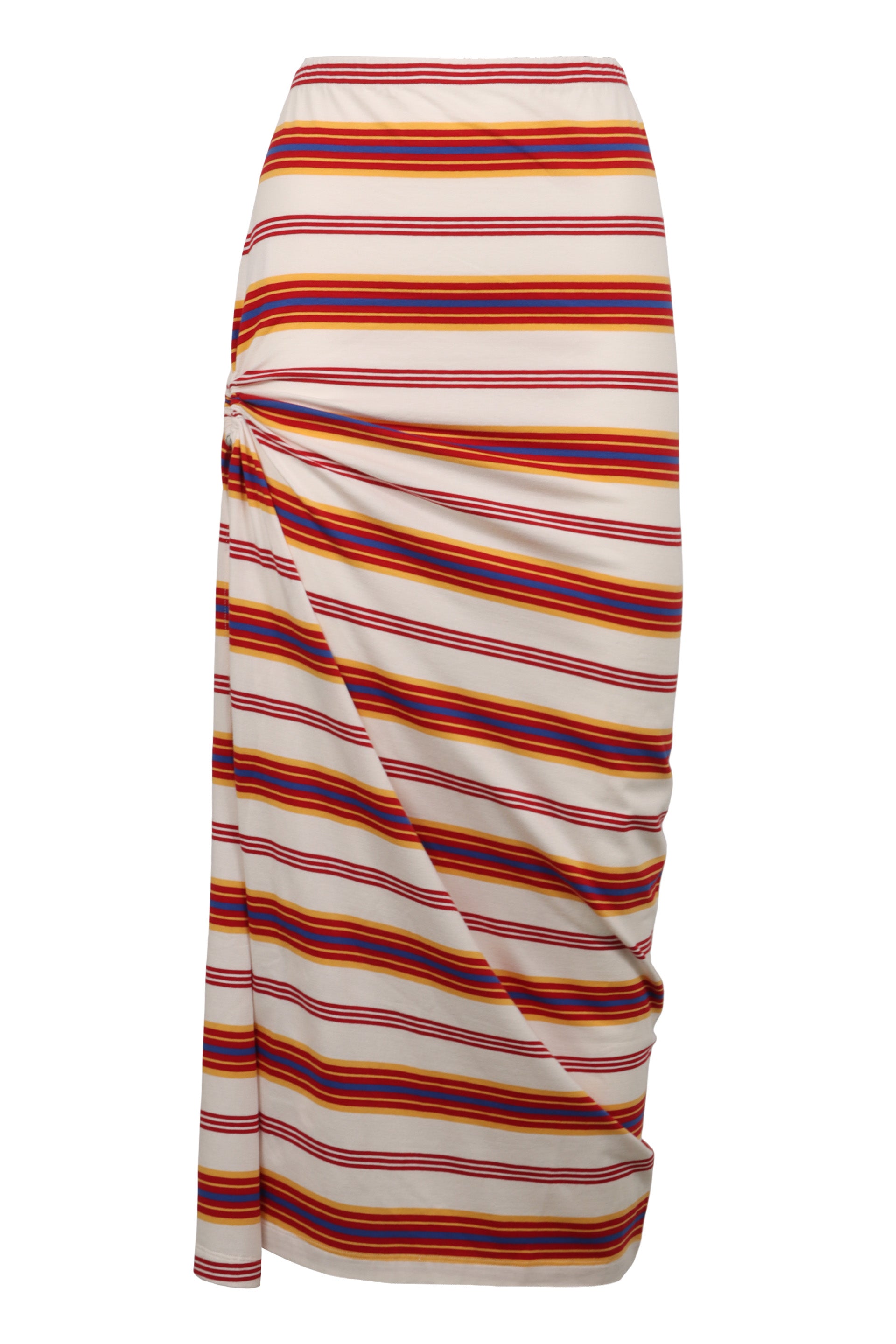Cotton Midi Skirt with Striped Motif and Decorative Gathering