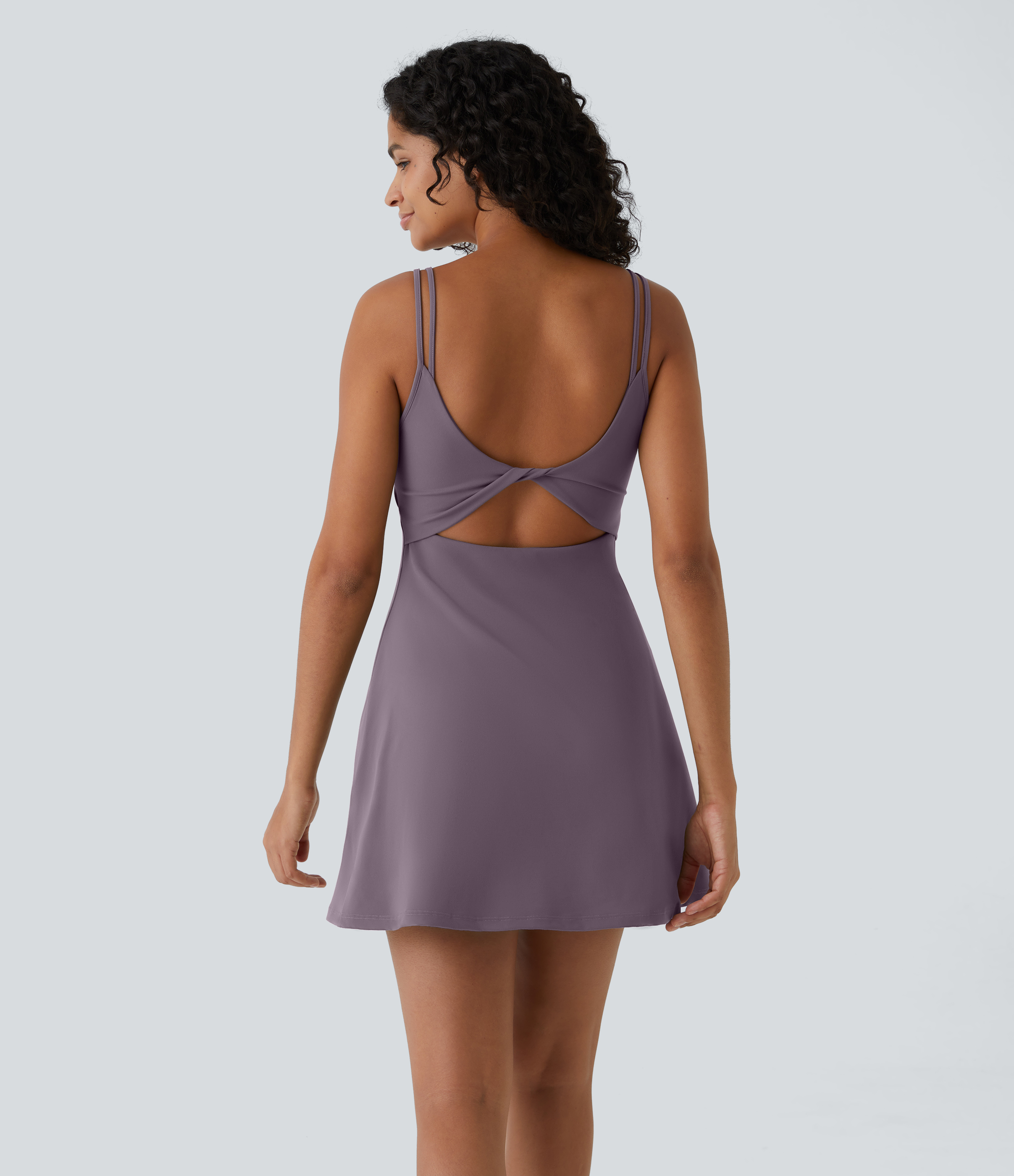 SoftlyZero™ Plush Double Straps 2-Piece Pocket Slip Dance Active Dress A-C Cups Workout Dress - Tulip Purple
