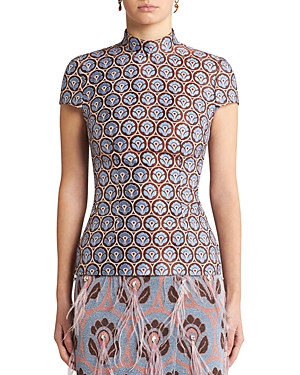 Floral-jacquard short-sleeve top - Blue