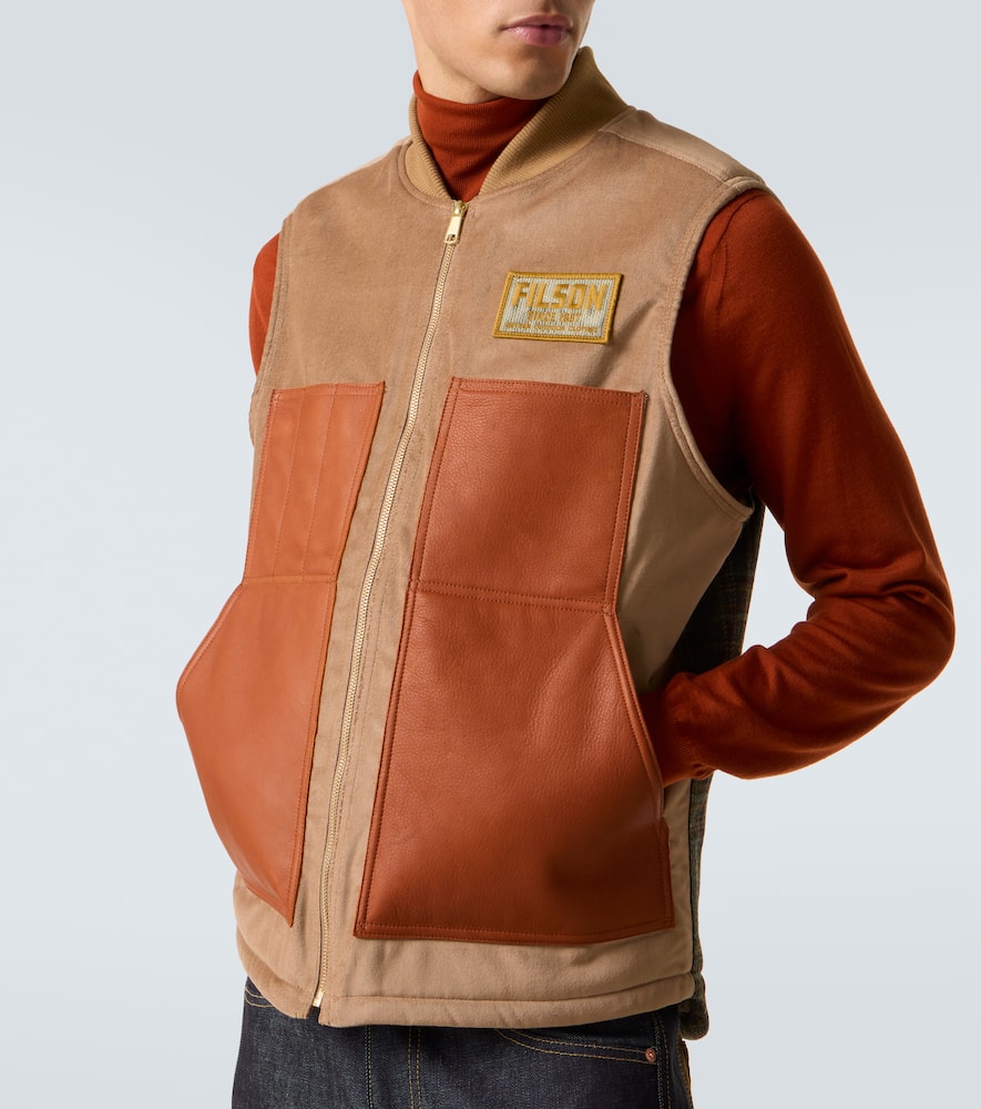 Leather-trimmed cotton and wool vest