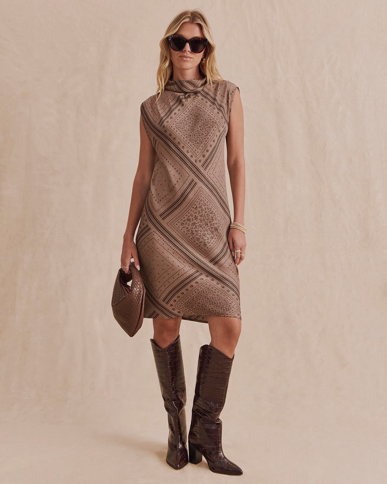 Scout Mock Neck Mini Dress - Taupe Grey Bandana