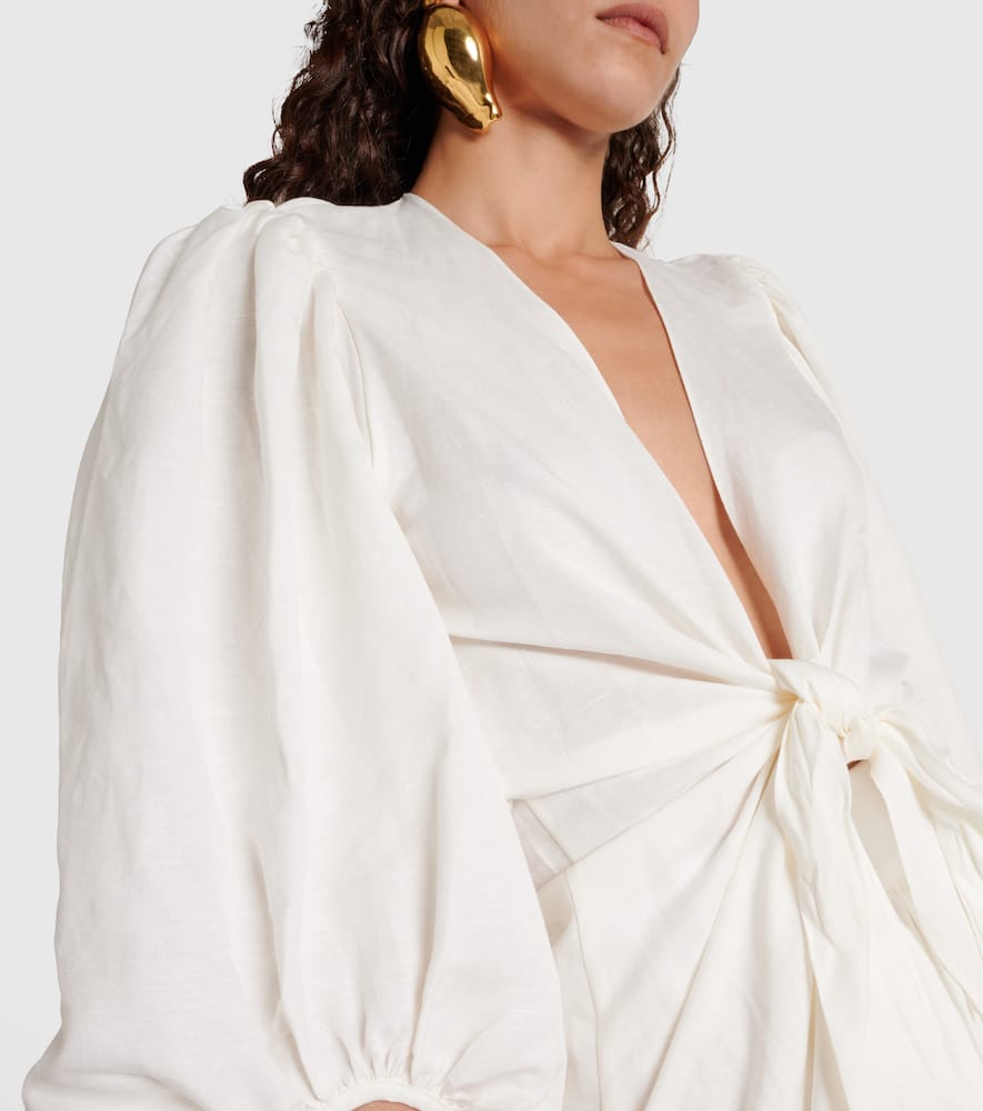 Puff-sleeve linen-blend blouse