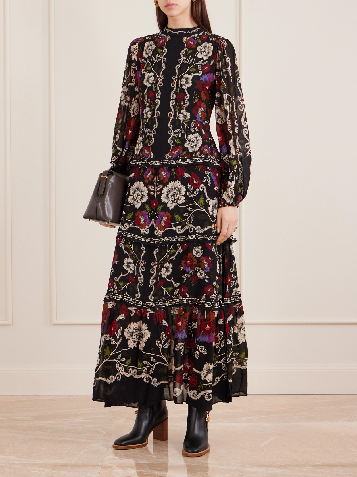 Floral-print Chiffon Maxi Dress - Black