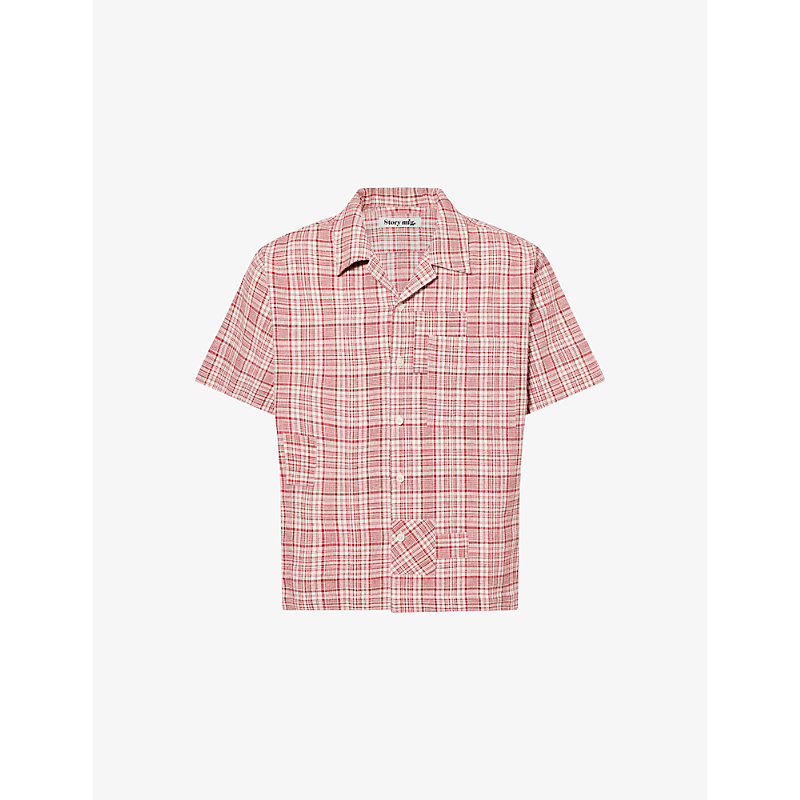 Mens Red Check Greetings Short-Sleeves Cotton-Knit Shirt