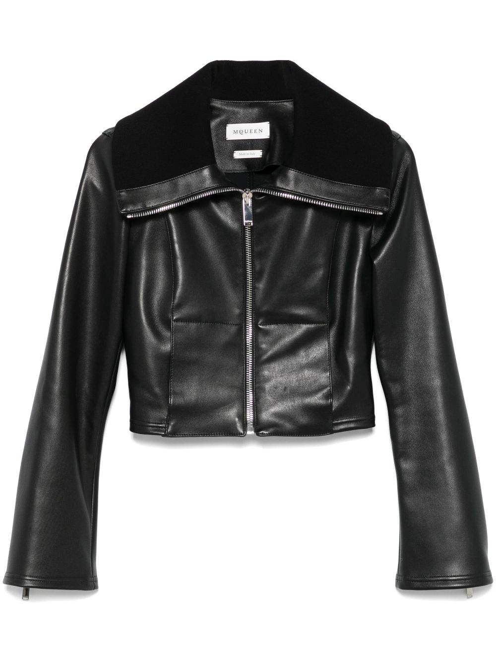 Folded-collar leather jacket - Black
