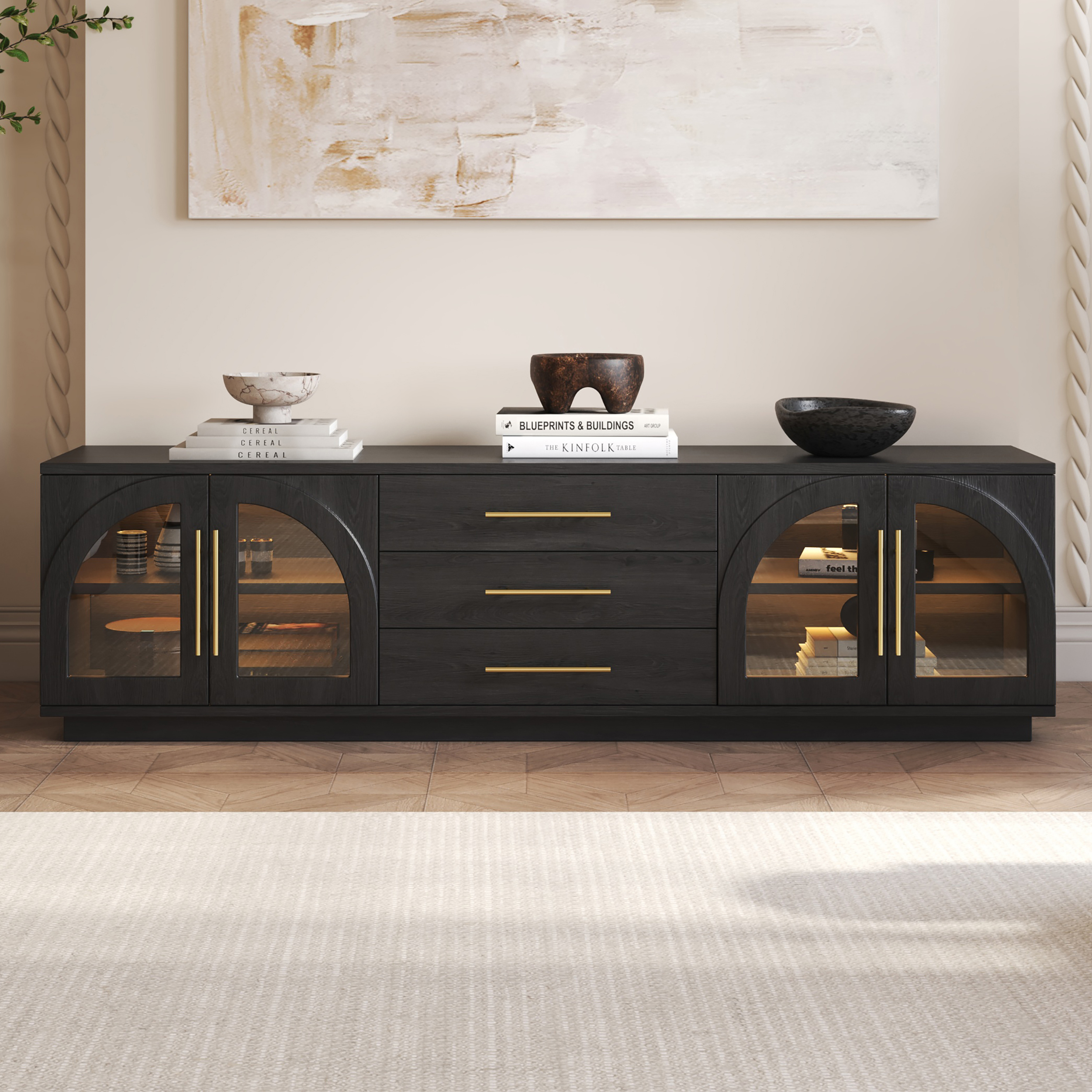Mid Century Modern Black TV Stand with LED Lights and Arched Glass Cabinet Doors