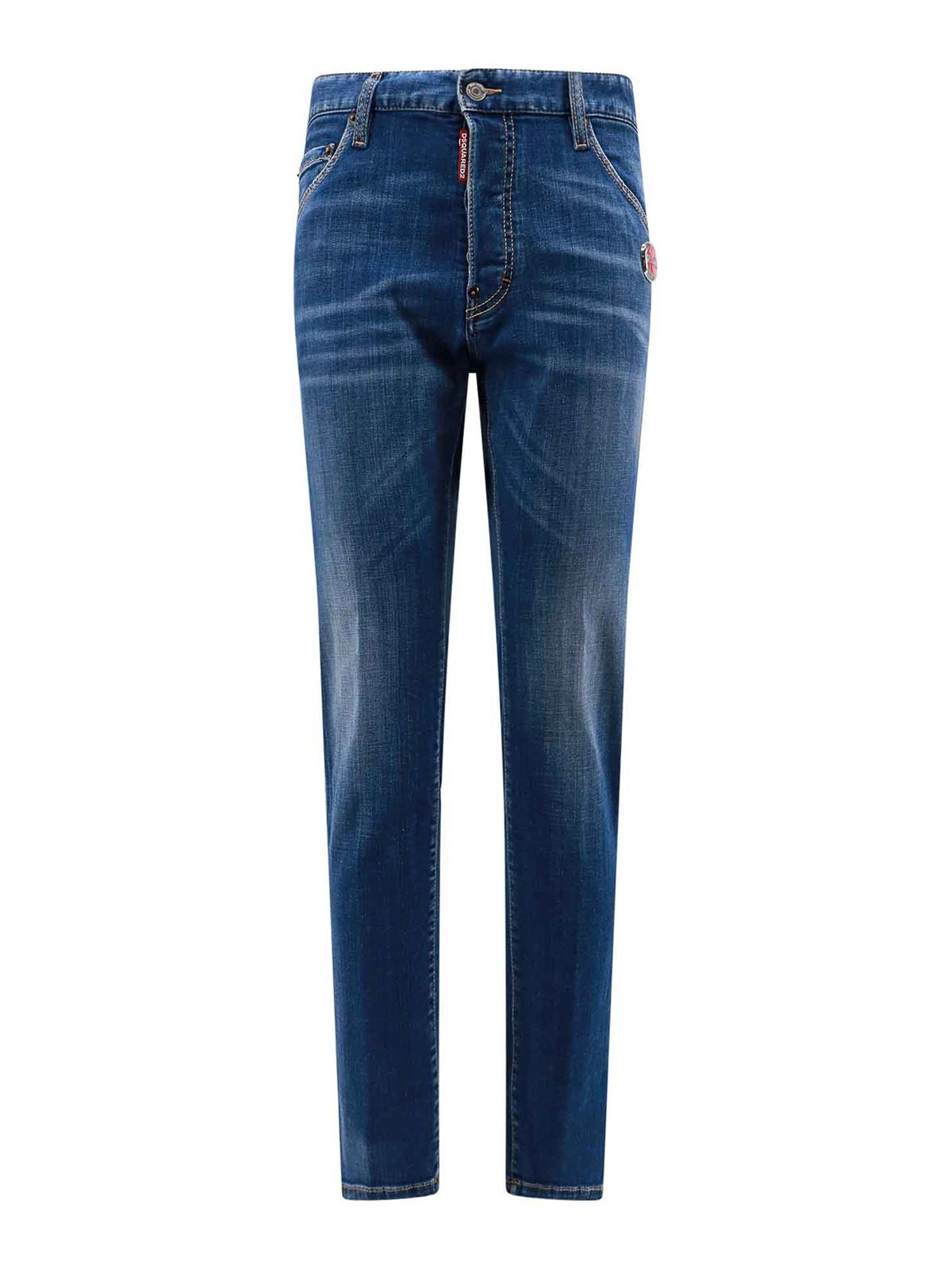 Jeans with enamelled metal logo patch