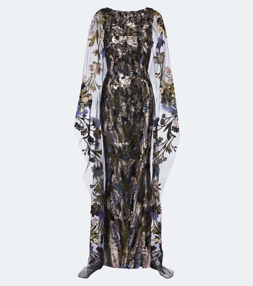 Floral sequined caped gown