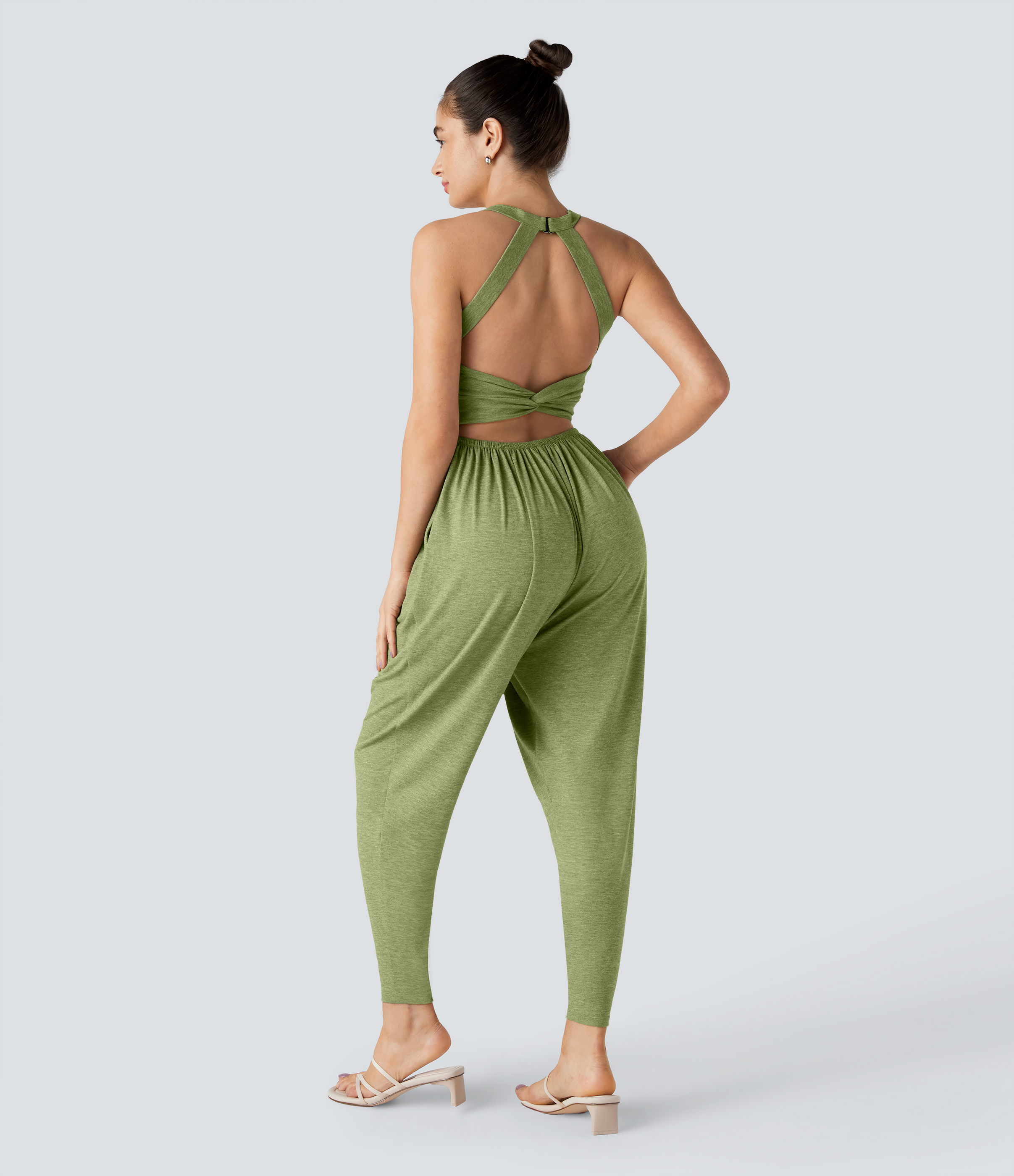 U Neck Pocket Harem Casual Jumpsuit-Easy Peezy Edition  - Spring Green Floral Yarn