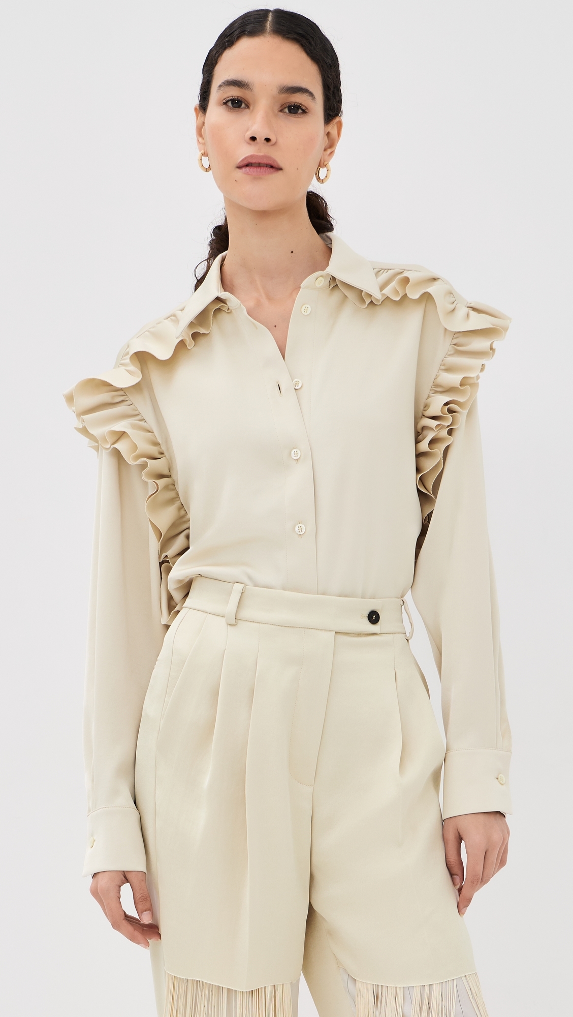 Satin Ruffled Button Down Shirt Butter
