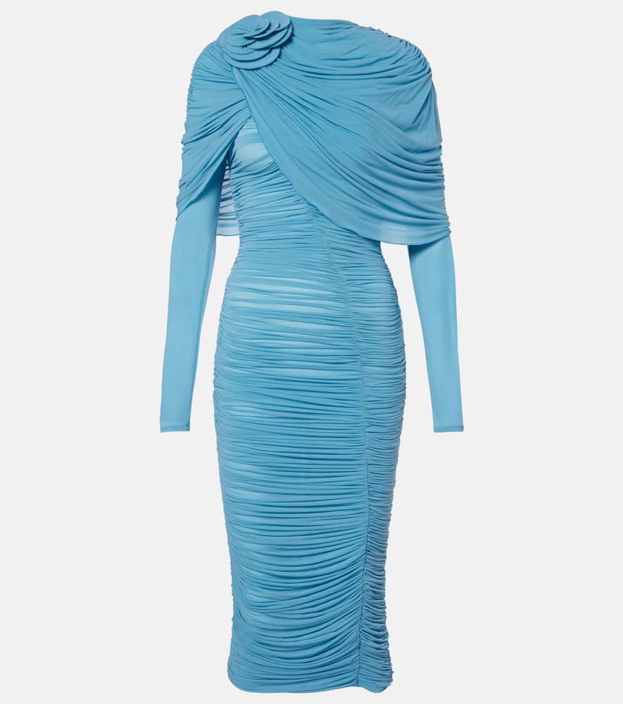 Floral-appliqué ruched caped midi dress