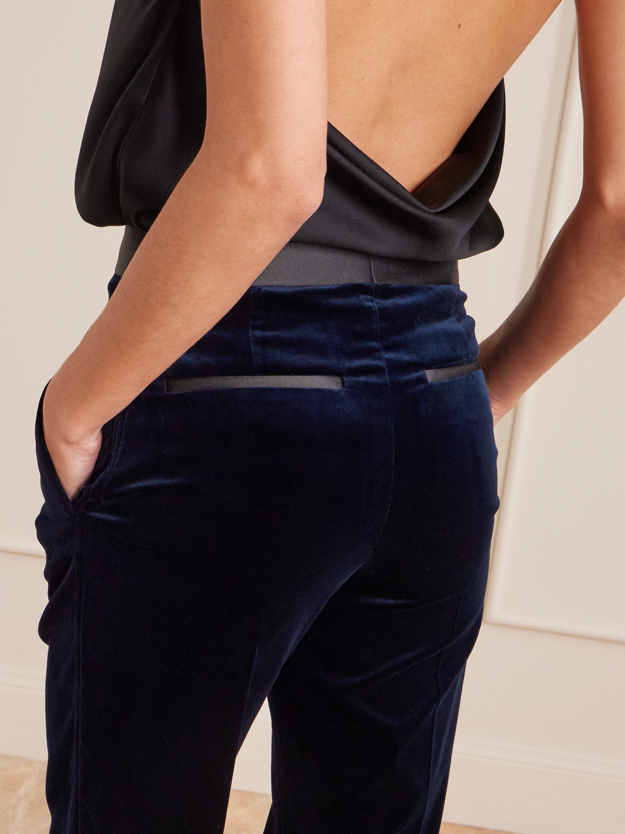Alina Satin-trimmed Cotton-blend Velvet Wide-leg Pants - Blue