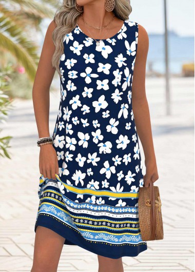 Modlily Navy Floral Print Tummy Coverage Sleeveless Round Neck Dre