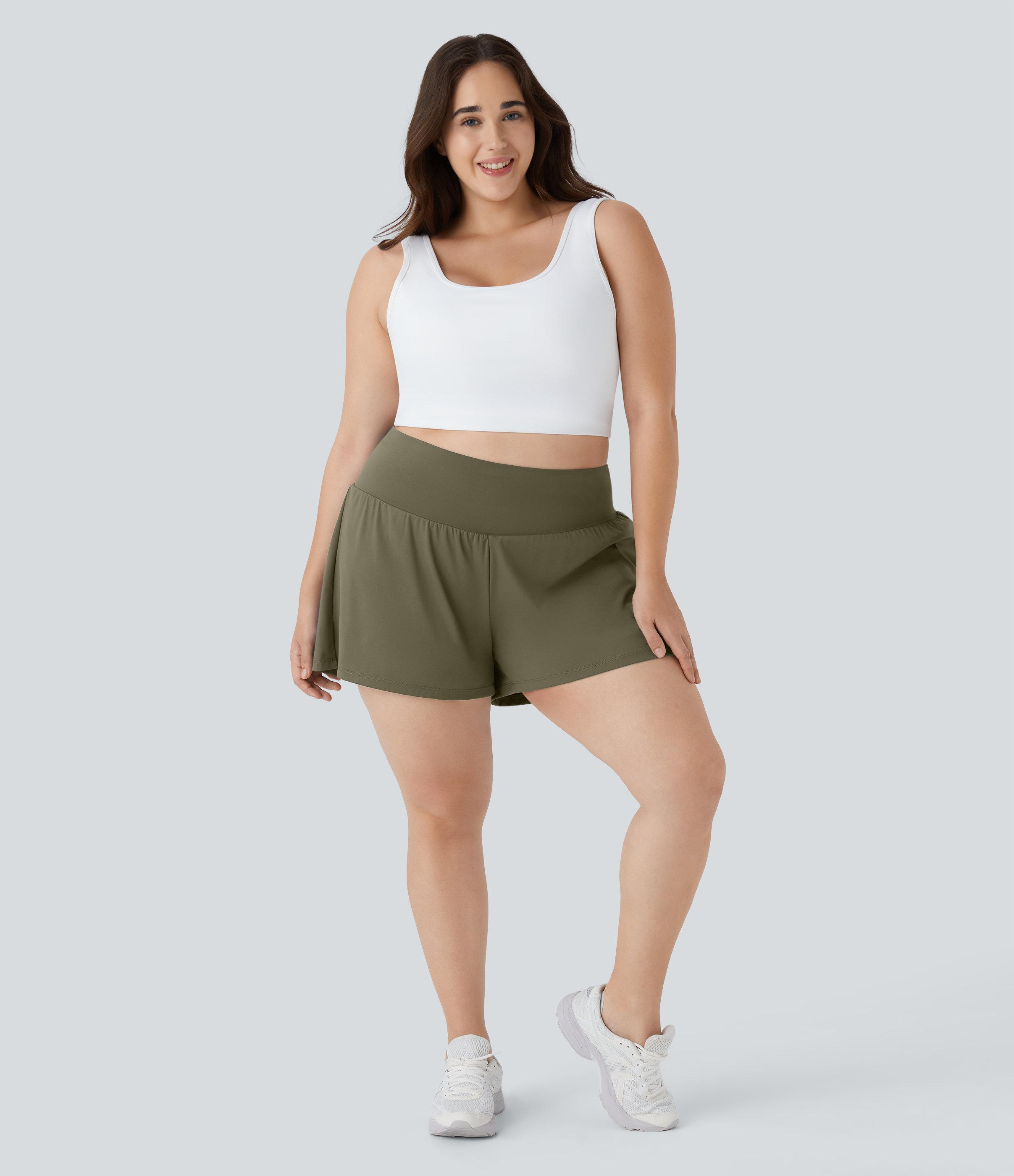 Super High Waisted Pocket & Pocket 2-in-1 Yoga Plus Size Shorts 4''-Longer Length Gym Short - Withered Green