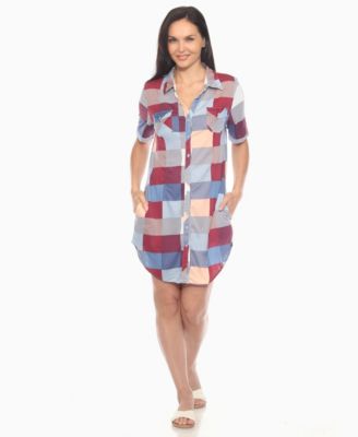 Womens Short Sleeve Plaid Button Down Shirt Dress