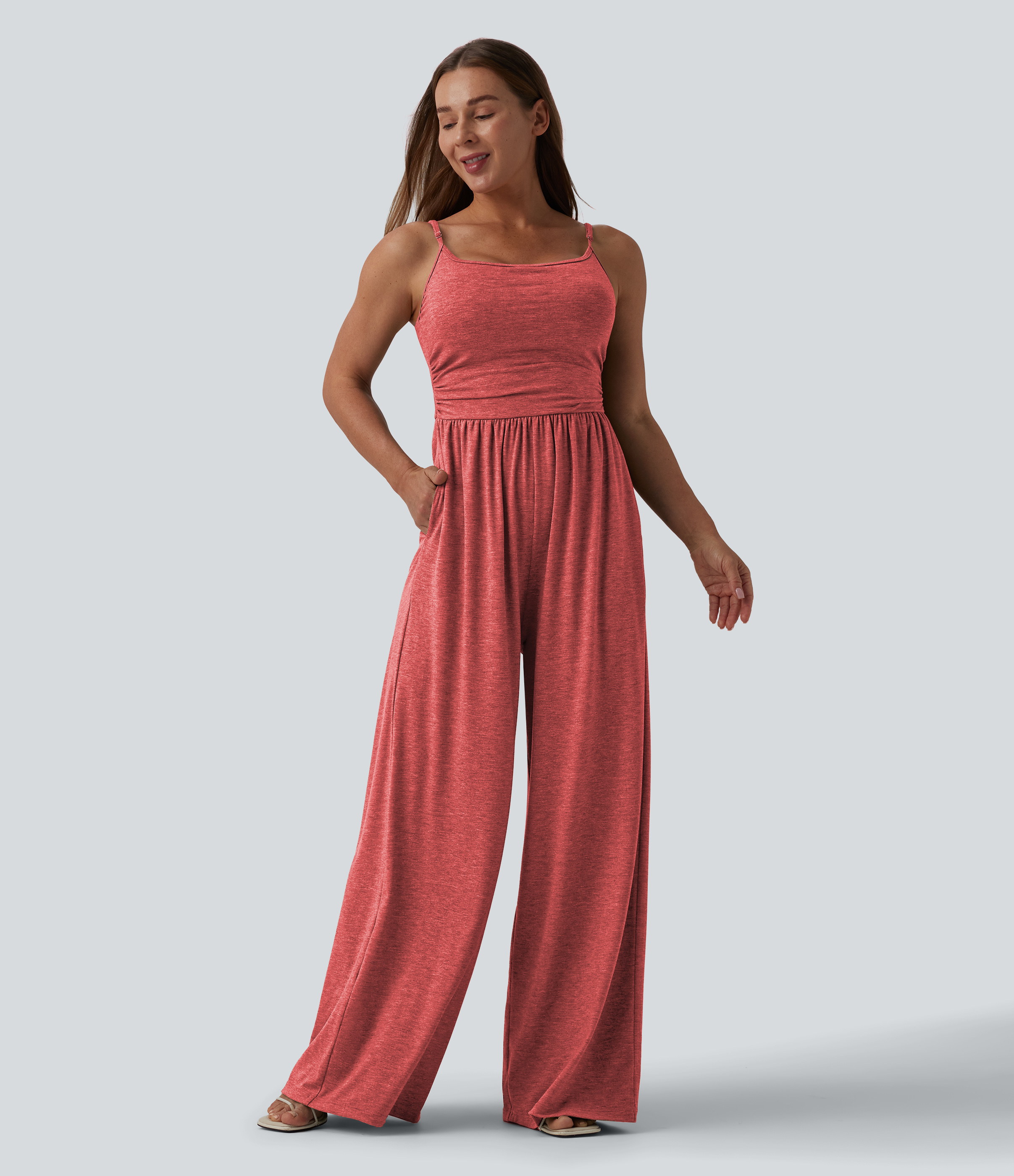 Adjustable Straps Ruched Wide Leg Heathered Casual Jumpsuit with Pockets-Easy Peezy  - Poinsettia Floral Yarn