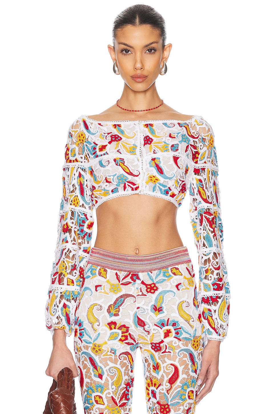 Etro Long Sleeve Cropped Top in Multicolor On White Base - White,Orange.  40 also in
