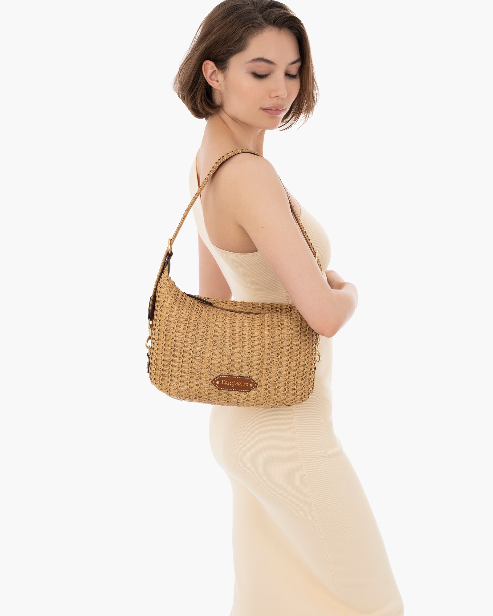 Woven Raffia Hobo Bag with Leather Trim - Natural Color