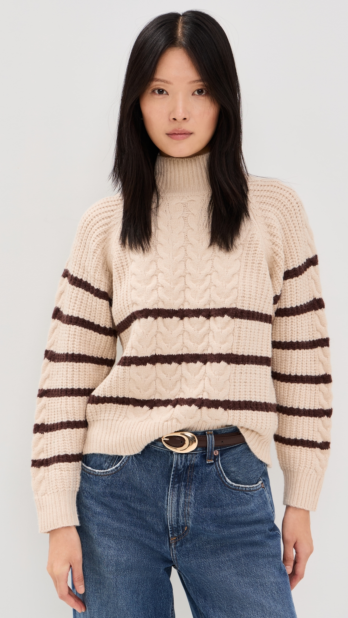 Striped Knit Pullover Sweater Oatmeal