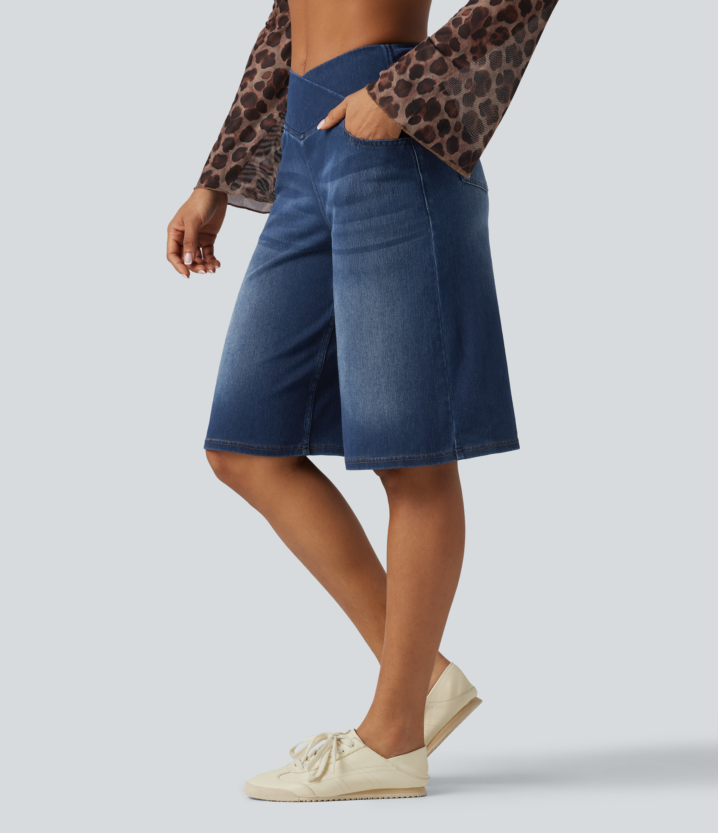 Flex™ Crossover High Waisted Tummy Control Denim Casual Baggy Bermuda Shorts with Pockets  - Pageant Blue Denim