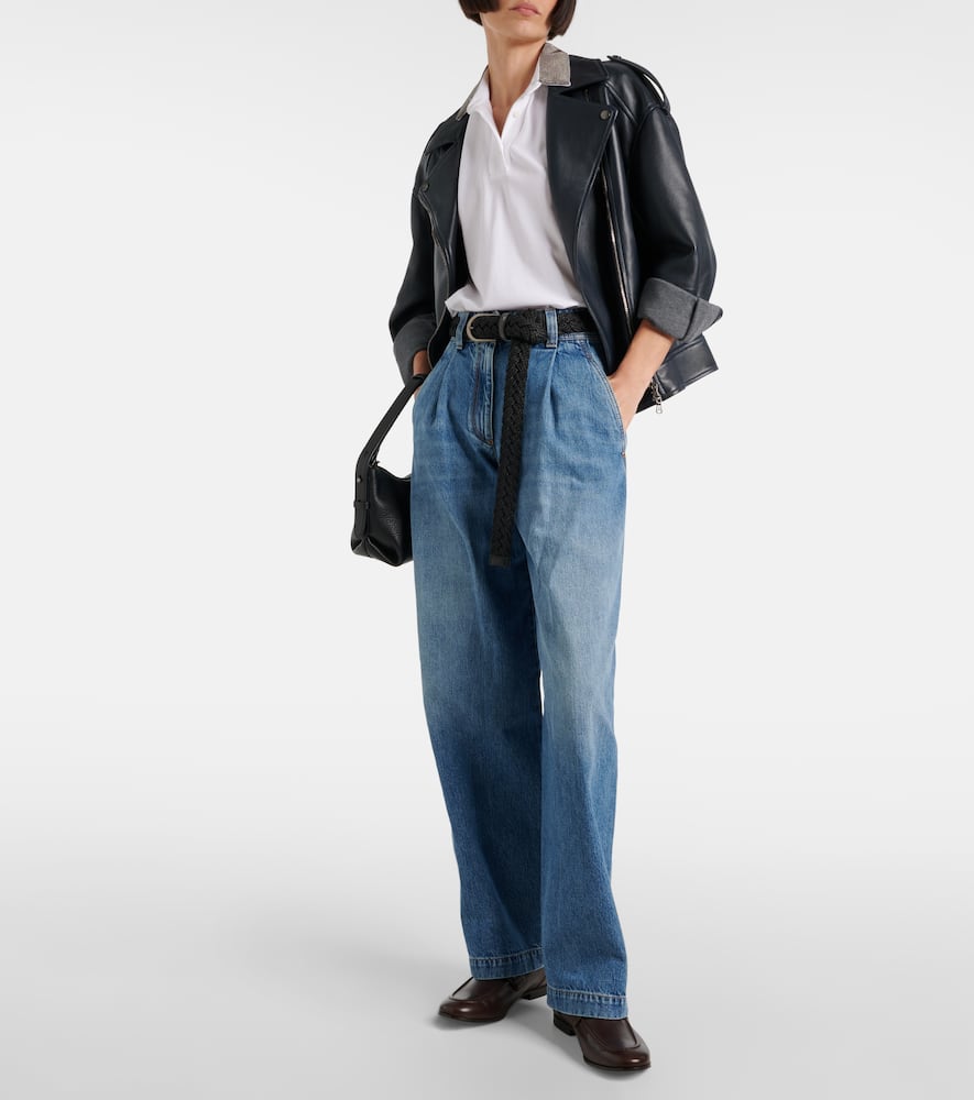 Pleated high-rise wide-leg jeans