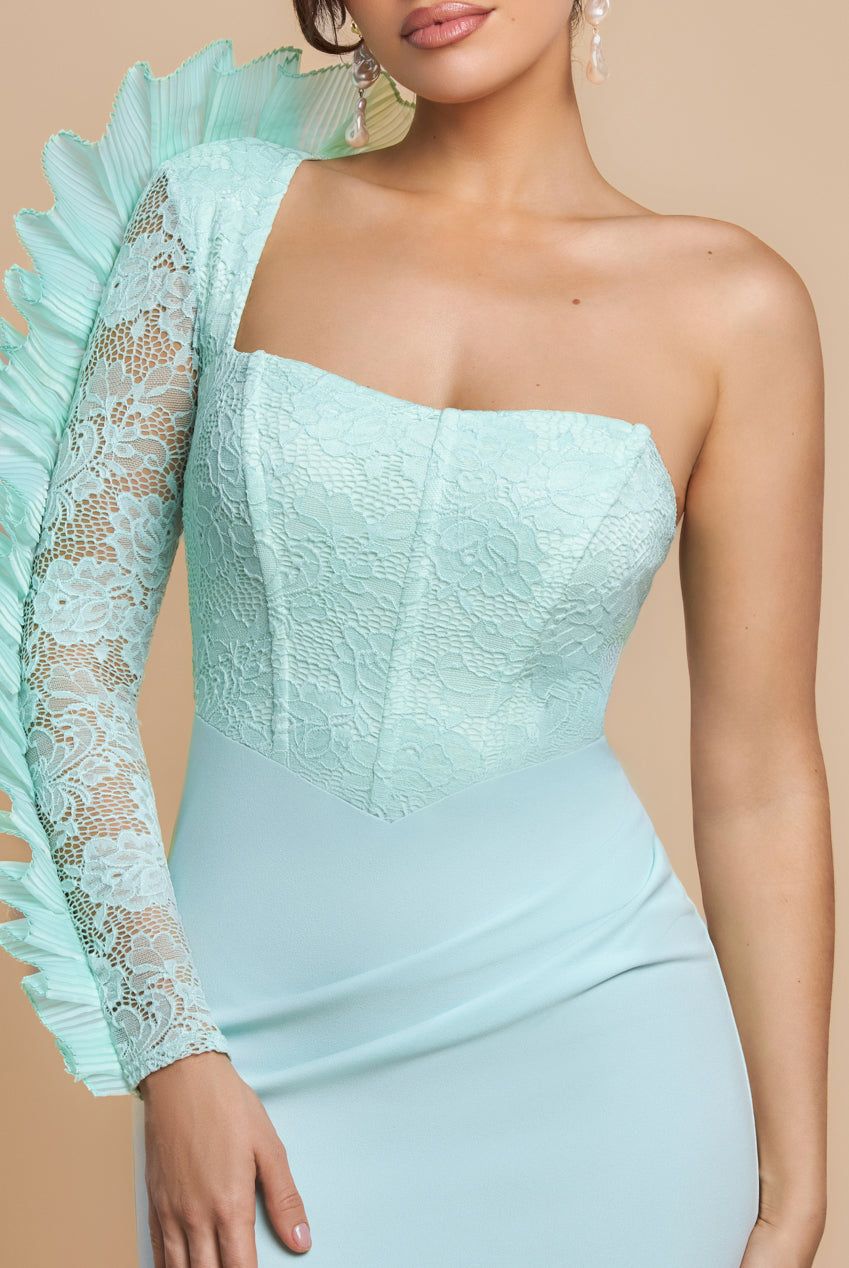 One Shoulder Organza  Fan Detail Lace Bodice Maxi Dress