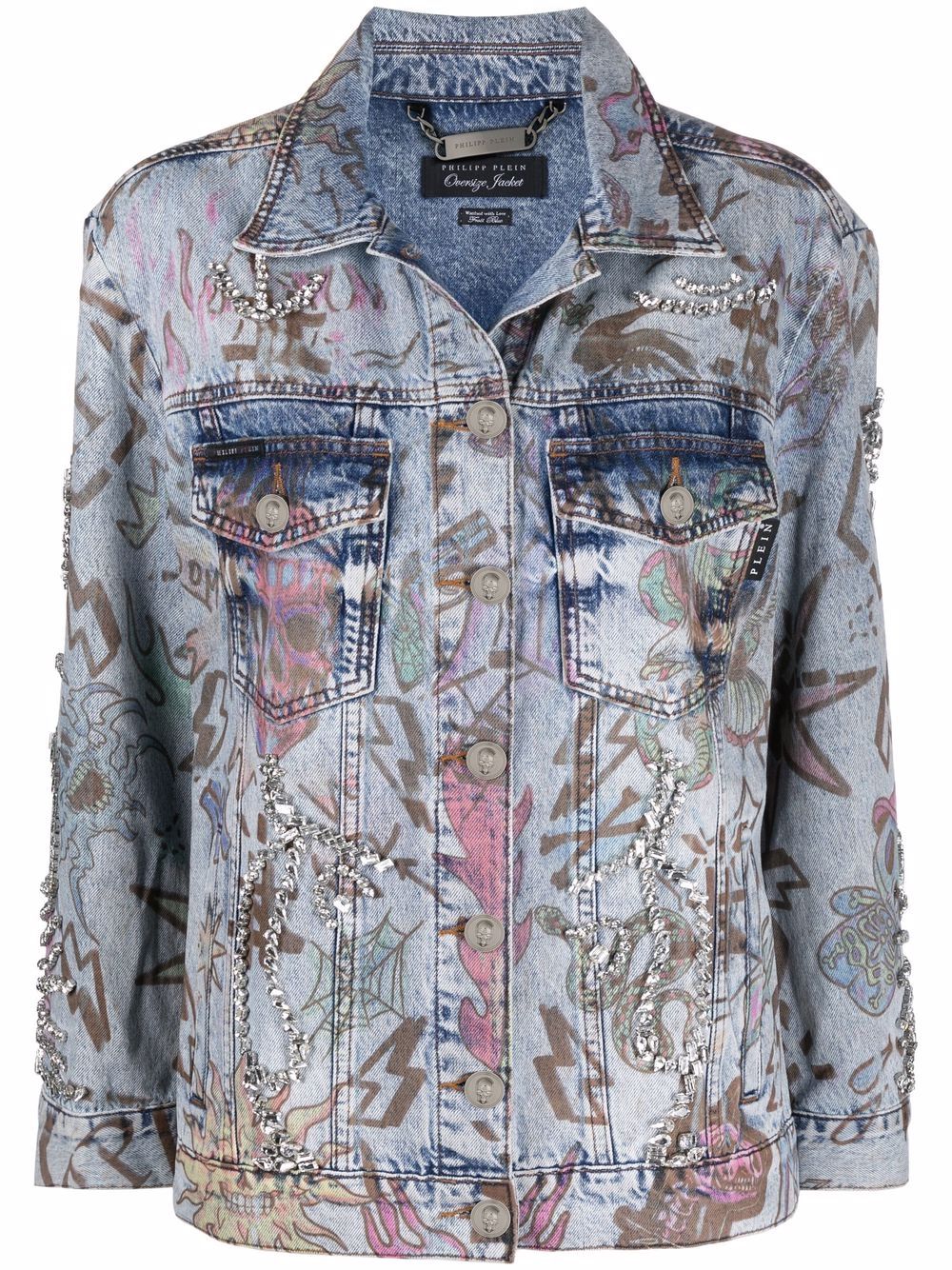 Monogram tattoo-print oversize denim jacket - Blue