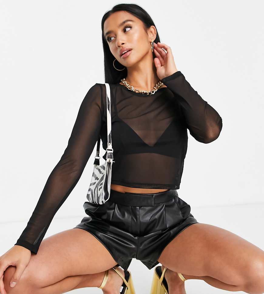 ASOS DESIGN Petite cropped long sleeve mesh top in black