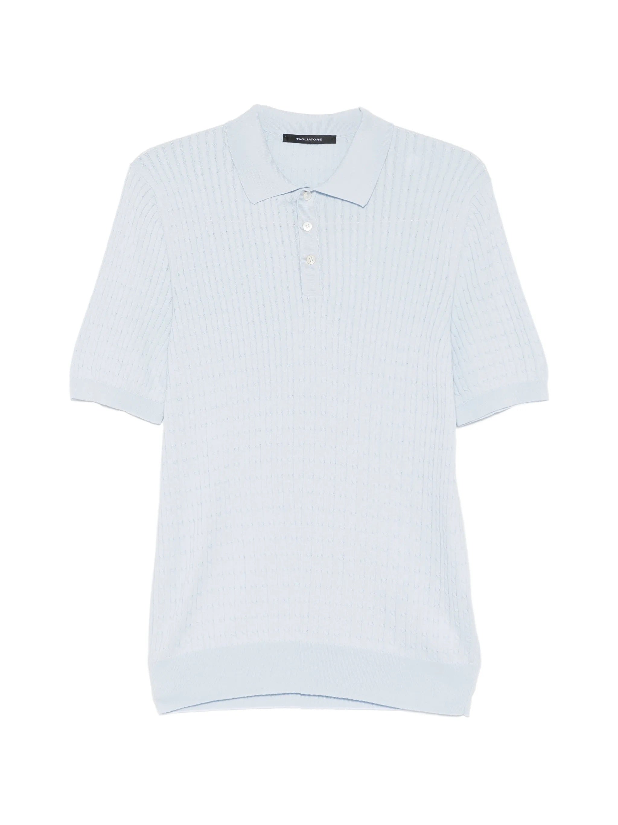 Men's Cable-Knit Cotton Polo Shirt with Ribbed Collar, Cuffs, and Hem