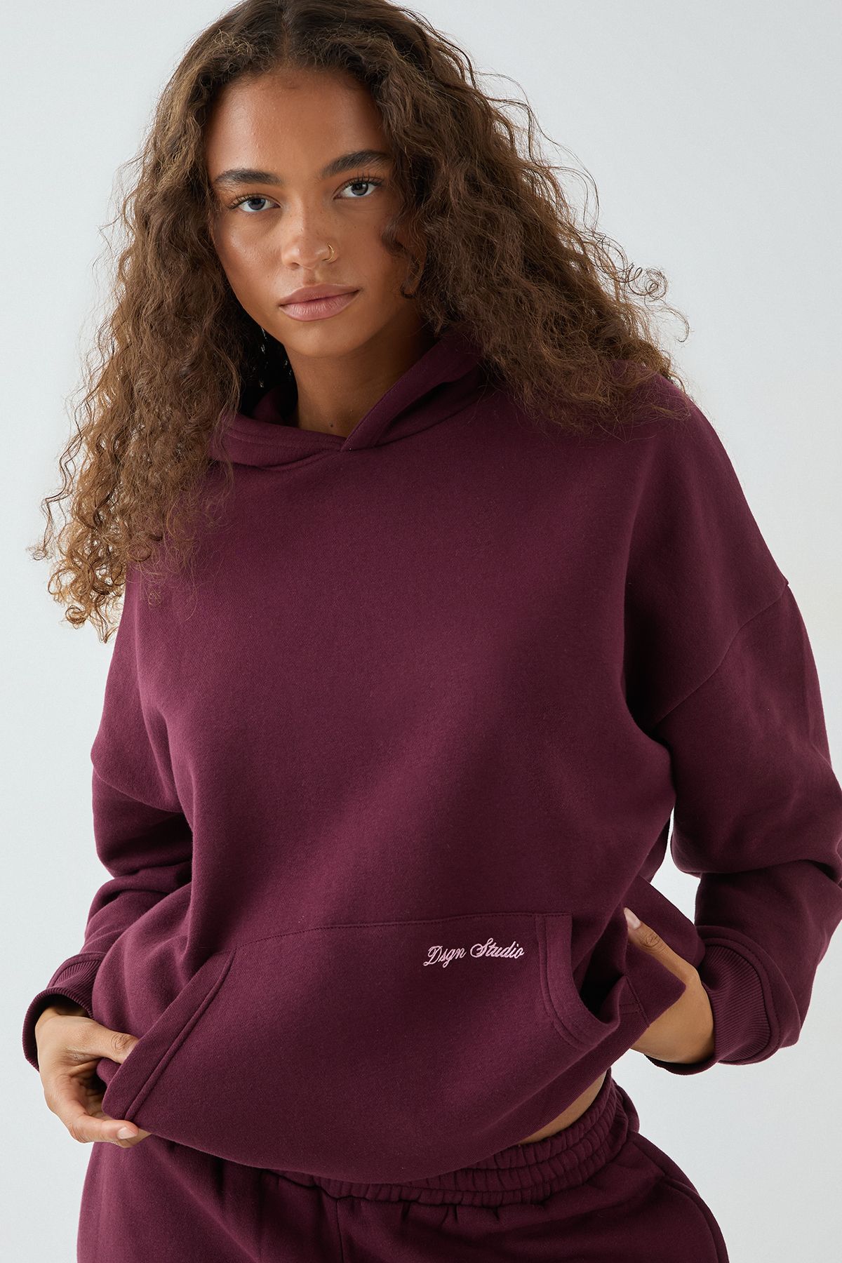 DSGN Studio Womens Script Embroidered Hooded Tracksuit - Burgundy Cotton