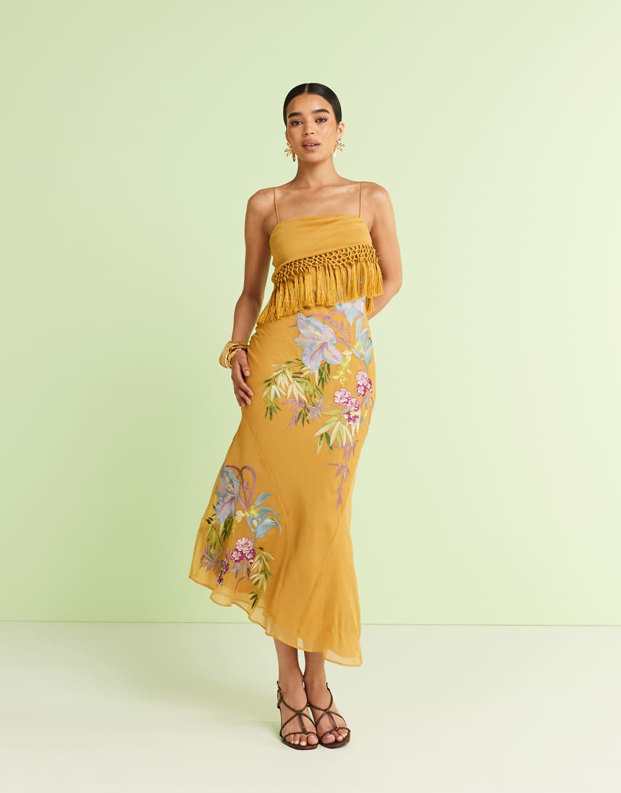 Fringe detail embroidered maxi dress in mustard-Yellow