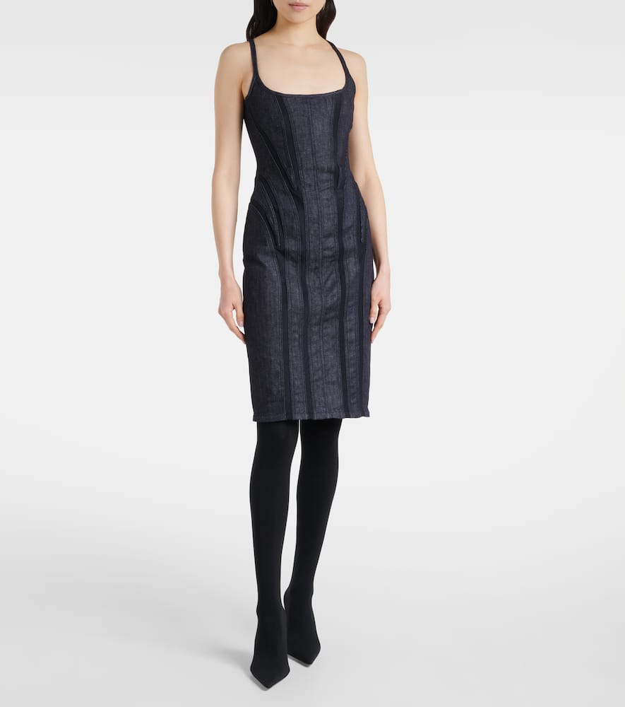 Mesh-trimmed denim midi dress